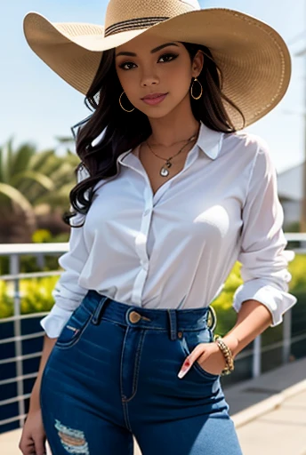 Uma mulher exuberante em estilo country. Sua pele bronzeada brilha sob o sol do fim de tarde, olhos verdes cintilantes e cabelos loiros ondulados caem sobre os ombros. She wears a brown cowboy hat, camisa xadrez vermelha justa, jeans desgastados e botas de couro decoradas com bordados intricados,
She&#39;s in a cinematic country town, with dirt streets and classic wooden buildings. Lojas com letreiros antigos, um saloon movimentado, and a bank with a historic facade make up the scene. Horses tied to posts and a cart slowly passing by add to the authenticity. The golden light of the sunset bathes the scene, creating a nostalgic and vivid environment.