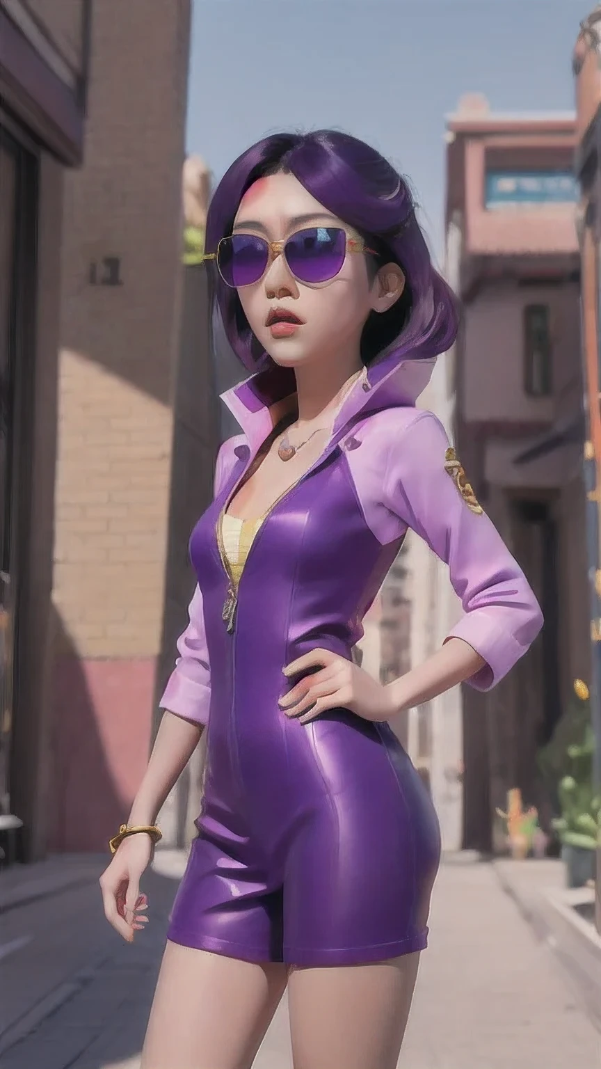 🌺 wearing a purple outfit and sunglasses with a purple choke, trending on cgstation, artwork in the style of guweiz, inspired by Yanjun Cheng, guweiz, deviantart artstation cgscosiety, 🌺 cgsociety, 3 d render character art 8 k, g 🌺 art style, inspired by Feng 🌺,sunglasses,（（Imperial Green Emerald Desert Windproof Sunglasses））With eyes closed