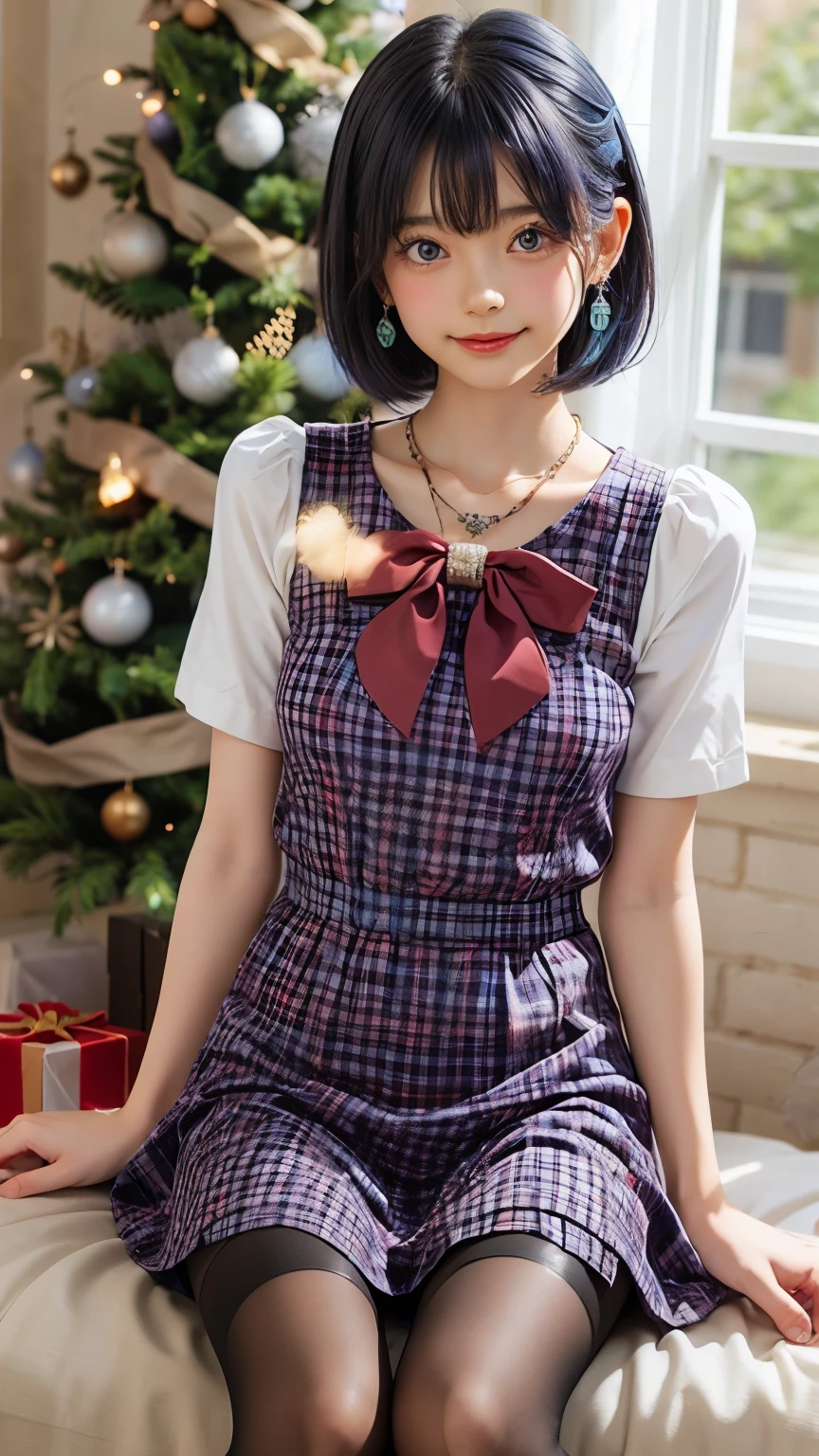 One girl, bangs, Blue Hair, bow, box, bracelet, Christmas, Christmas tree, Cowboy Shot, dress, Earrings, Fishnet tights, flower, gift, gift box, hair ornaments, Hamel, jewelry, View Viewer, Multicolored Hair, necklace, pantyhose, Lips parted, Purple eyes, red dress, ribbon, Rose, short hair, smile, alone, Knee socks