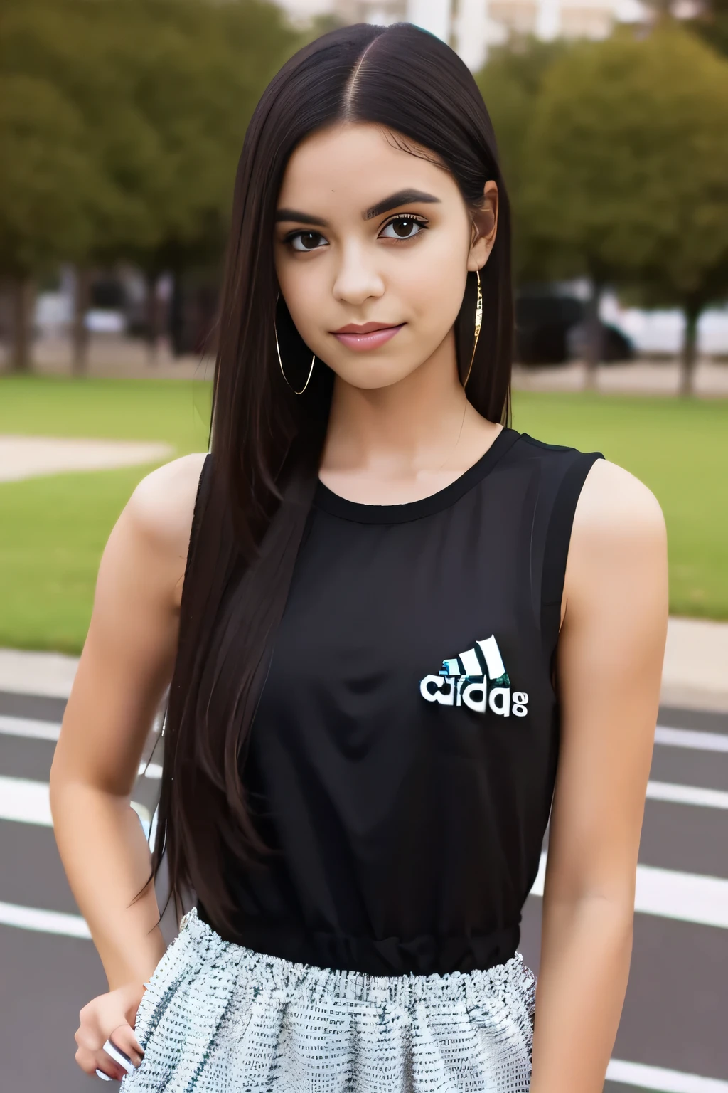 Latin girl. Dark hair. Straight hair. Dark Eyes. . Young adult. Pretty. Popular. Outgoing. Cheerleader. Thin eyebrows. Hoop earrings. Dress and Adidas shoes.