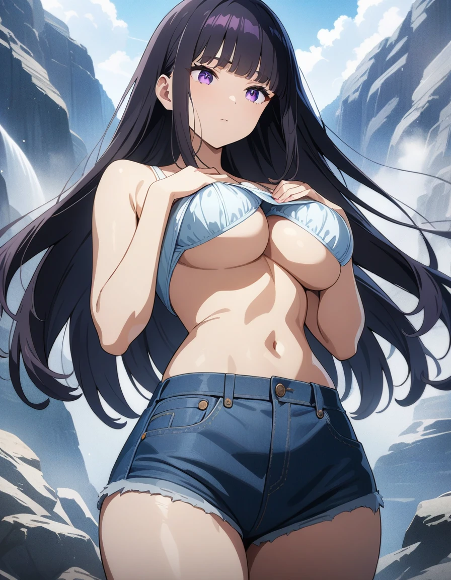 masterpiece, best quality, very aesthetic, absurdres, anime artwork, beautiful artwork, super fine illustration, hyper detailed, 1girl, beautiful face, tsurime, blunt bangs, flowing, black violet hair, long hair, straight hair, large breasts, bra, denim hot pants, bra lift, cowboy shot
