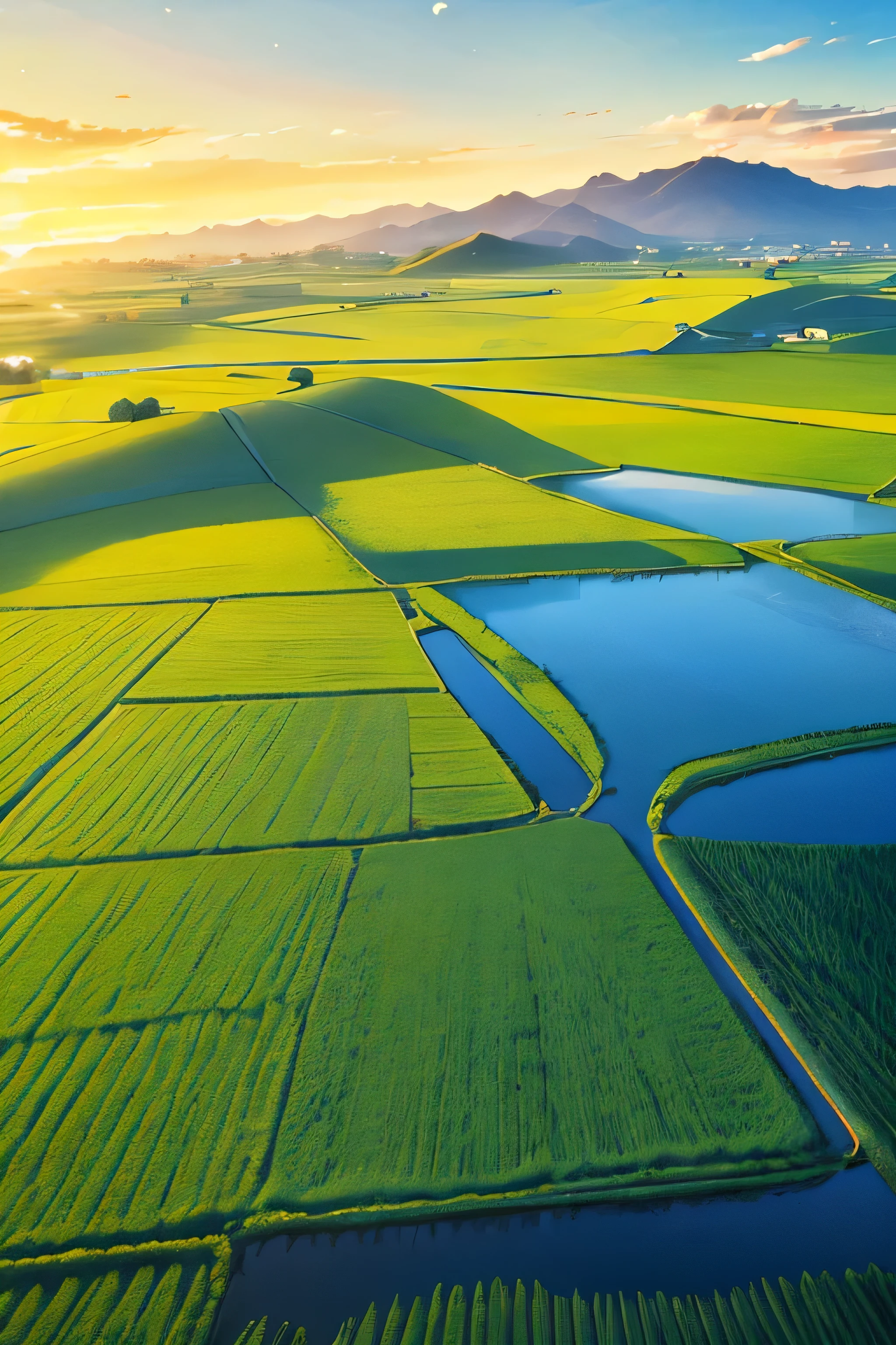 Draw a background picture for the Grain in Ear poster，Aerial view，A plowing ox plows the green paddy field，The blue sky is reflected on the surface of the paddy field