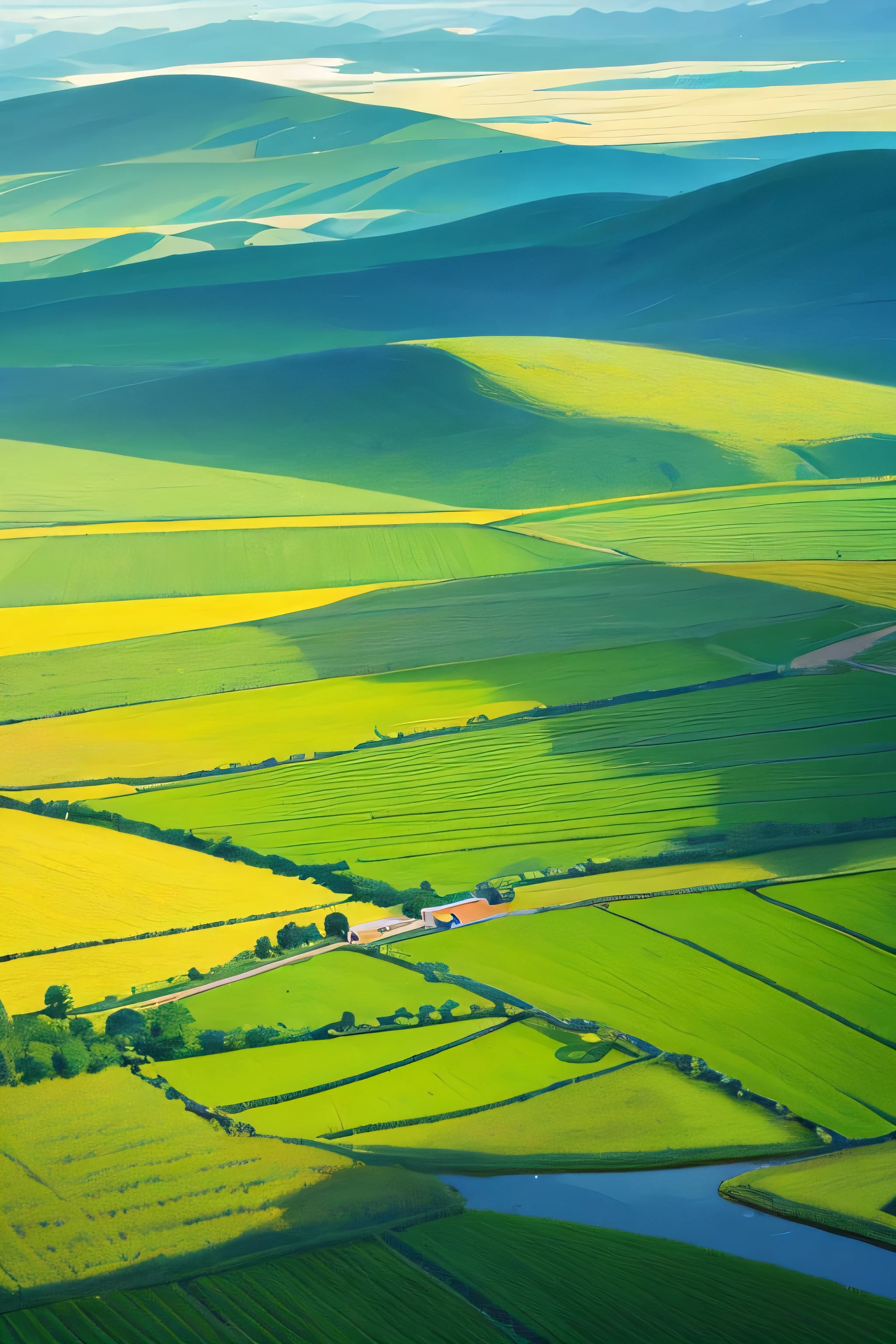 Draw a background picture for the Grain in Ear poster，Aerial view，A plowing ox plows the green paddy field，The blue sky is reflected on the surface of the paddy field