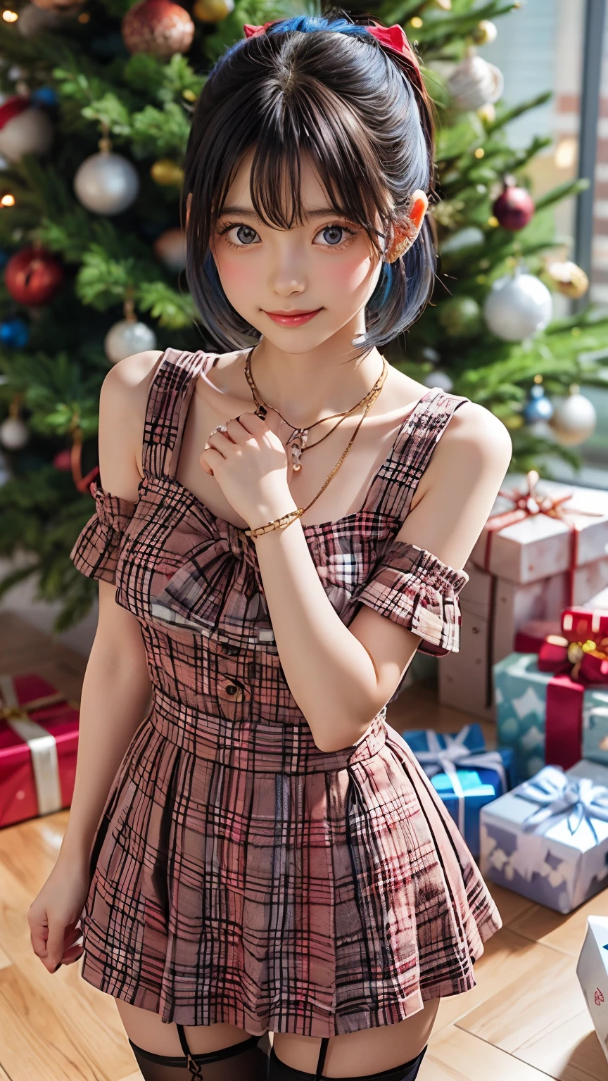 One girl, bangs, Blue Hair, bow, box, bracelet, Christmas, Christmas tree, Cowboy Shot, dress, Earrings, Fishnet tights, flower, gift, gift box, hair ornaments, Hamel, jewelry, View Viewer, Golden Hair, Multicolored Hair, necklace, pantyhose, Lips parted, Purple eyes, red dress, ribbon, Rose, short hair, smile, alone, Knee socks