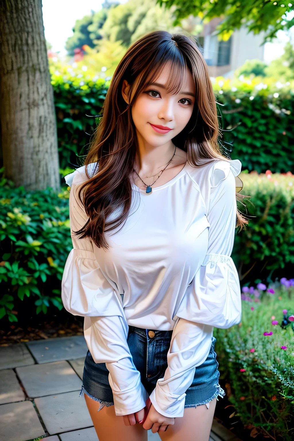 ((Full Body Angle))、((Front hair:1.3))、((highest quality, 8K, masterpiece: 1.3)), concentrated: 1.2, Cute girl 1,Nipples erect、 Perfect beauty: 1.4,Cut and sewn T-shirt Raglan sleeve summer short sleeve T-shirt.Shorts: 1.2,Long sleeve、Randall Color、comics&Text Graphics、Black ruffle-trimmed drawstring zip blouse,1.1, Highly detailed face and skin textures, Fine grain, double eyelid, whitening skin, ,highest quality,Ultra-high resolution,you,1 girl,alone,_Shiny_skin,Iris,necklace,((Brown_length_Wavy_hair)),(lips)),eyelash,Front hair,deal with,compensate,Shiny,pore,skin texture,Large Breasts、smiling face、stroll、garden、