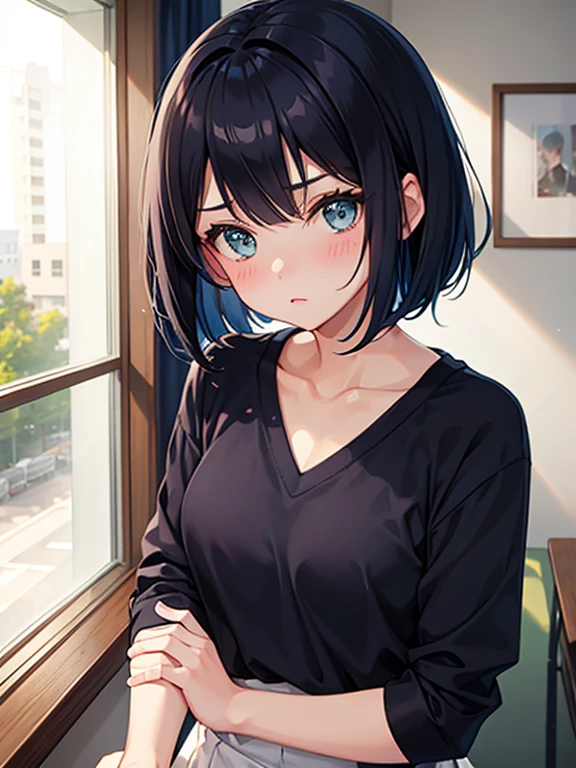 One Girl,Navy blue bob hair,Navy green eyes,cute,blush, Medium chest, High school gym uniform