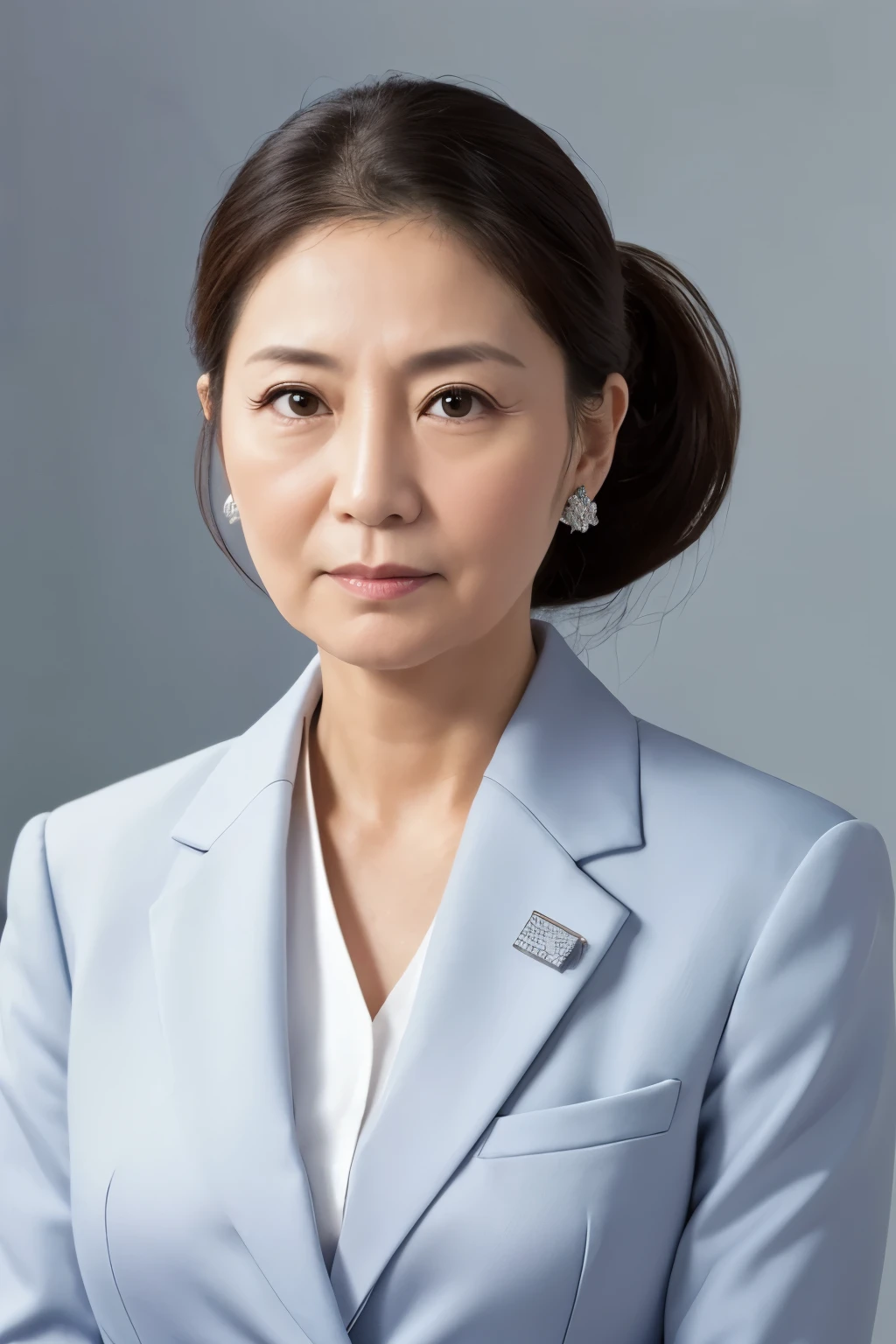 politician、40-year-old woman、Front of face、ID photo、Silver formal attire、Expressionless、Low Ponytail、Grandma-like face