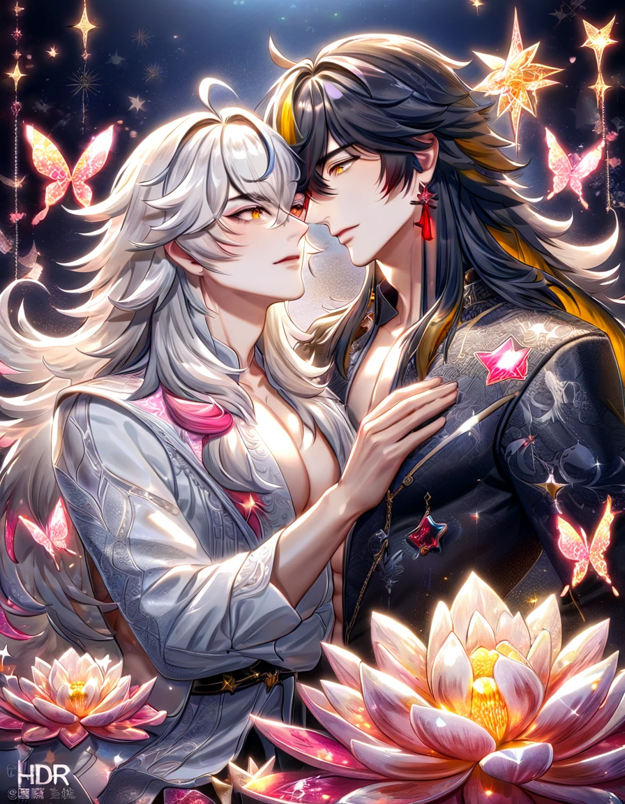 (absurdres, highres, ultra detailed, HDR) master piece, best quality, Ren, black long hair, expressive red eyes, honkai star rail, Jing Yuan, white long hair, expressive yellow eyes, two sexy men together, gay couple, yaoi, handsome, toned chest, black clothes, white clothes, patterns, magical fantasy, pink butterflies, glittering, sparkling, pink lotus, water, pink moon, blossoms, radiant