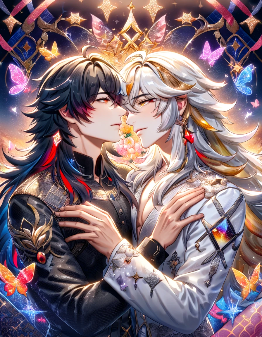 (absurdres, highres, ultra detailed, HDR) master piece, best quality, Ren, black long hair, expressive red eyes, honkai star rail, Jing Yuan, white long hair, expressive yellow eyes, two sexy men together, gay couple, yaoi, handsome, black clothes, white clothes, patterns, magical fantasy, pink butterflies, glittering, sparkling, pink lotus, water, pink moon, blossoms, radiant