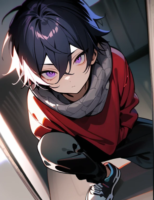 masterpiece, best quality, high quality, 1boy teenage hybrid demon, alone, male focus, looking at viewer, full body, dark blue hair, purple eyes, gray scarf, red sweatshirt with black sleeves, black pants, black and white sneakers, taking a selfie with your cell phone camera