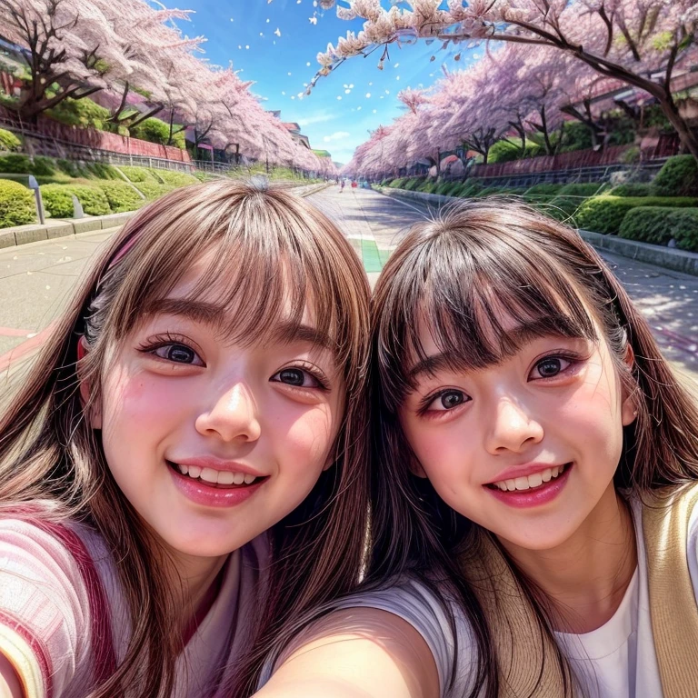 ((Panoramic group photo of NOGIZAKA schoolgirls looking down at the camera and Surrounding)) . (highest quality, High resolution, masterpiece, realistic:1.37),(HDR, Bright colors), beautiful face, detailed facial features, pose for a photo, (((close:1.4, seen from below:1.4, Sky background with CherryBlossoms:1.4))) . BREAK Extremely Detailed KAWAII face variations, captivating gaze, elaborate detailed Eyes with (sparkling highlights:1.2), long eyelashes、Glossy RED Lips with beautiful details, Coquettish tongue, Rosy cheeks, Glistening ivory skin . (Dynamic joyful expressions | :D), Childish .