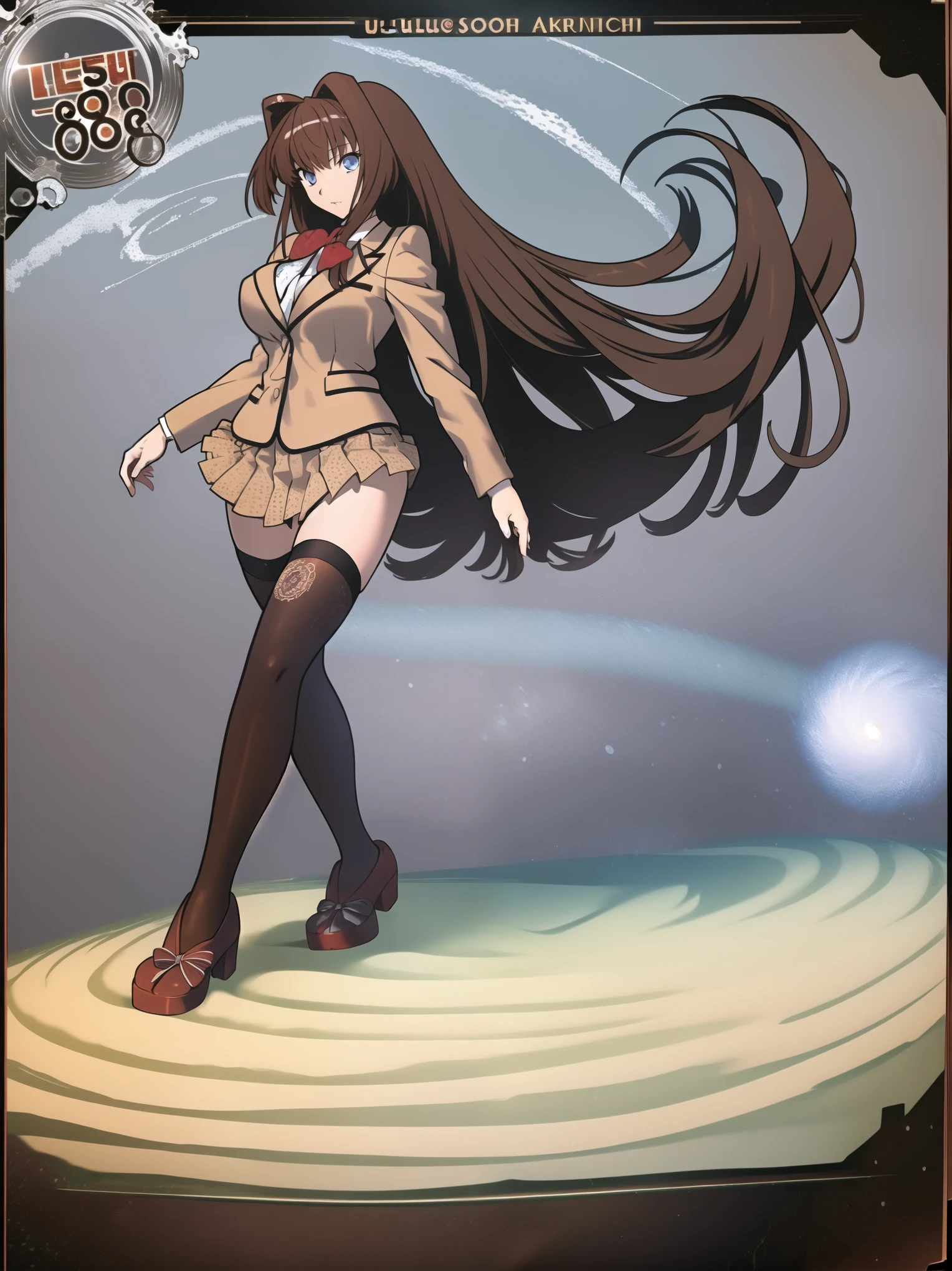 BREAK, (EMPTY BACKGROUND), BREAK (masterpiece:1.2), best quality, high resolution, 8k, illustration, (beautiful detailed eyes:1.6), extremely detailed face, extremely detailed body, CG, perfect hands, perfect anatomy, (((1girl))), ((solo)), ((((bbaoko))), (((2 legs max))), (((2 feet max:1.6))), ((swirling vortex shaped longest brown hair:1.5)), (brown longest hair with slightly reddish undertone:1.6), (lush luscious longest brown hair:1.6), (very long voluminous longest brown hair:1.5), serious, blue eyes, red bowtie, (Form-fitting beige blazer:1.5), brown jacket, (highly detailed beautiful face:1.2), (white shirt:1), (well shaped large breasts:1.6), (nice hips:1), (((Umber pleated thigh-high skirt:1.6))), (((black bike shorts:1.4))), (2 nice thighs:1.6), (black thighhighs:1.6), (strap shoes brown color), (facing front:1.5), ((standing straight:1.5)), ((Fullbody in frame:1.6)), ((Full body:1.5)), (takeuchi takashi:1.5)