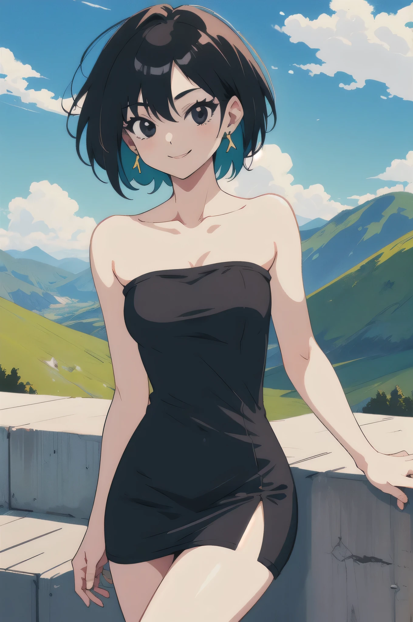 (masterpiece, best quality), 1girl, fasha, 1girl, solo, black eyes, black hair, short hair, spiked hair, earrings, black dress, strapless tube dress, bare shoulders, cowboy shot, green valley and mountains, blue skies, seductive smile