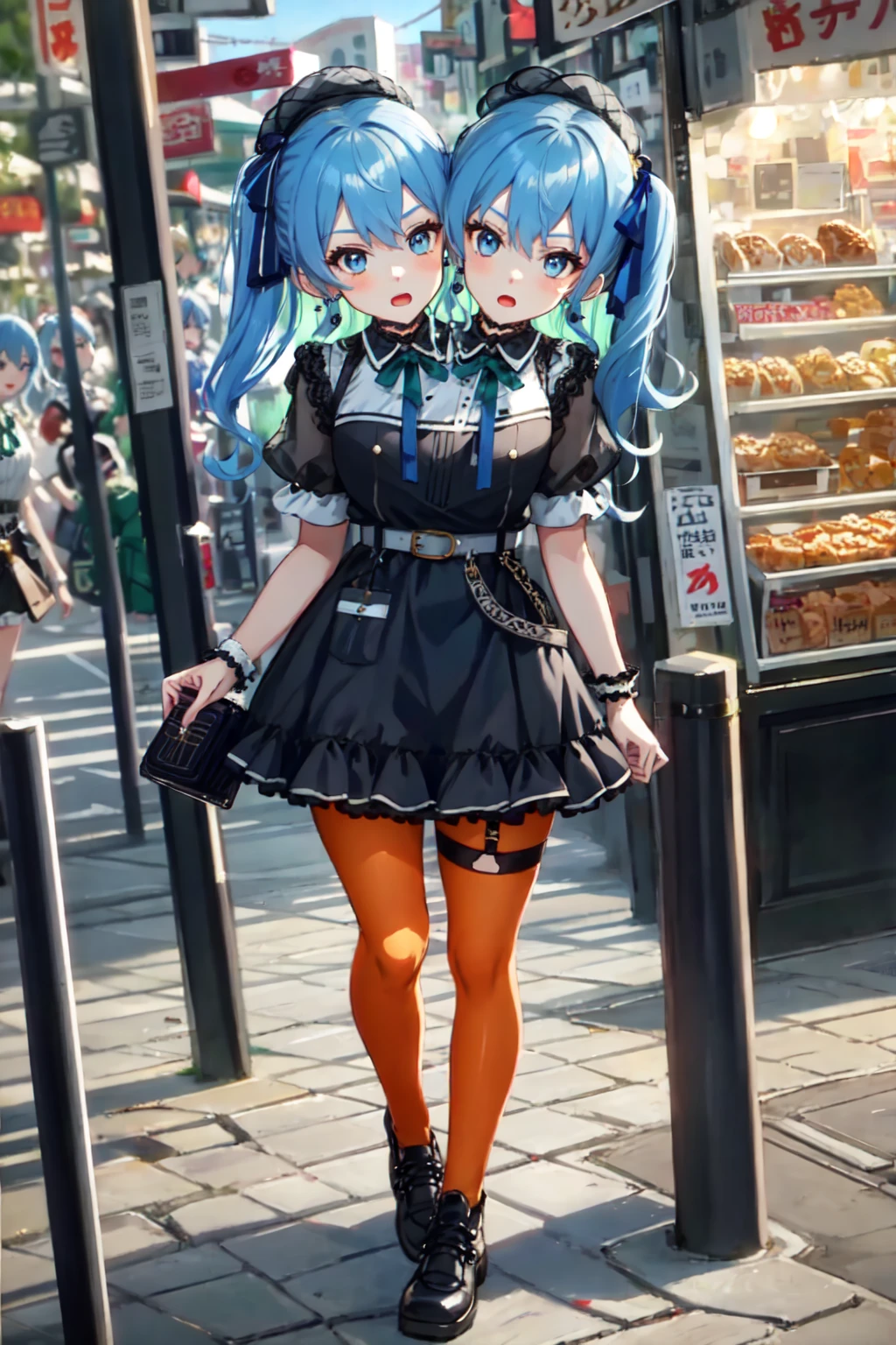 (masterpiece, best quality), best resolution, 16k, (2heads:1.5), close-up, 1girl, solo, HoshimachiSuisei, side ponytail, blue hair ribbon, SuiseiStreet, long hair, half updo, black beret, black dress, collared dress, sleeveless, bow earrings, lace choker, neck ribbon, black belt, orange pantyhose, o-ring thigh strap, single garter strap, (cheek-to-cheek), ((hand holding a wallet)), ((one-head-look-left)), ((other-head-look-right)), surprised, frustrating, walking, open mouth, city, Shopping Street, street vendor, morning