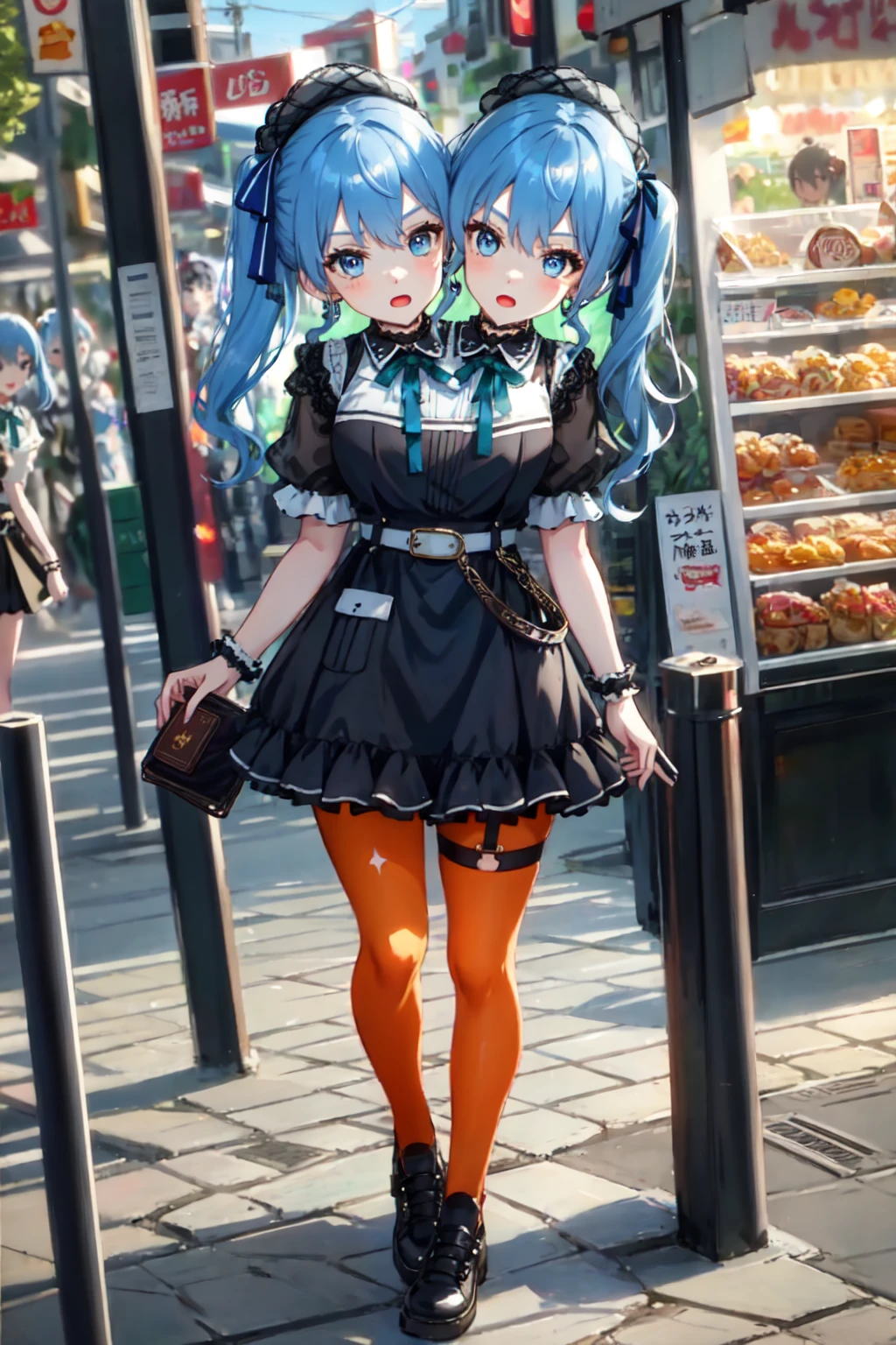 (masterpiece, best quality), best resolution, 16k, (2heads:1.5), close-up, 1girl, solo, HoshimachiSuisei, side ponytail, blue hair ribbon, SuiseiStreet, long hair, half updo, black beret, black dress, collared dress, sleeveless, bow earrings, lace choker, neck ribbon, black belt, orange pantyhose, o-ring thigh strap, single garter strap, (cheek-to-cheek), ((hand holding a wallet)), ((one-head-look-left)), ((other-head-look-right)), surprised, frustrating, walking, open mouth, city, Shopping Street, street vendor, morning