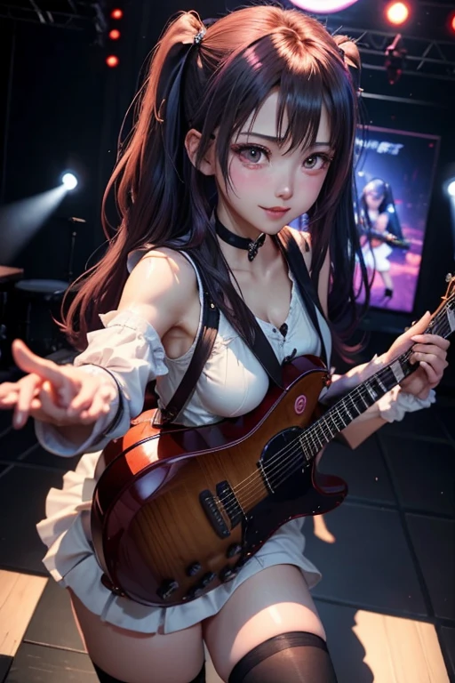 High school girl blazer、 uniform、Red checked knee-length skirt、Long skirt、JK Style、Jacket、smile、Knee-high socks、Thigh-high socks、pantyhose、A superb beauty、Super cute、ennui、Rare beauty、Twin tail hair、Black Dark Eyeshadow、Sad、Good skin glow、Long hair straightener、Dark Gothic Makeup、Dark Smile、Fragrant beauty、Stained glass background、Mastepiece、Best Quality、Refers to 5 books、Sweat glistening on my chest、Sweat glistening on my face、Small breasts、Dark pink hair、Age 22 years old、Slightly slim、Mysterious look、A sad expression、Pink Hair、mysterious gothic church、enchanting castle、Sweating profusely all over the body、A lot of sweat and light on the thighs、Shiny thighs、Plenty of sweat glistening on the thighs、A large amount of sweat glistens on my thighs、Sweating profusely、Gal、Small breasts、japanese face、Alluring expression、Thin thighs、Playing guitar、I have a guitar、Sing a song enthusiastically、Playing guitar in a band、Playing guitar chords、Live House Background、Sing a song、Open your mouth、Live house scenery、Mike stand、Glamorous live stage、Dynamic Angle、