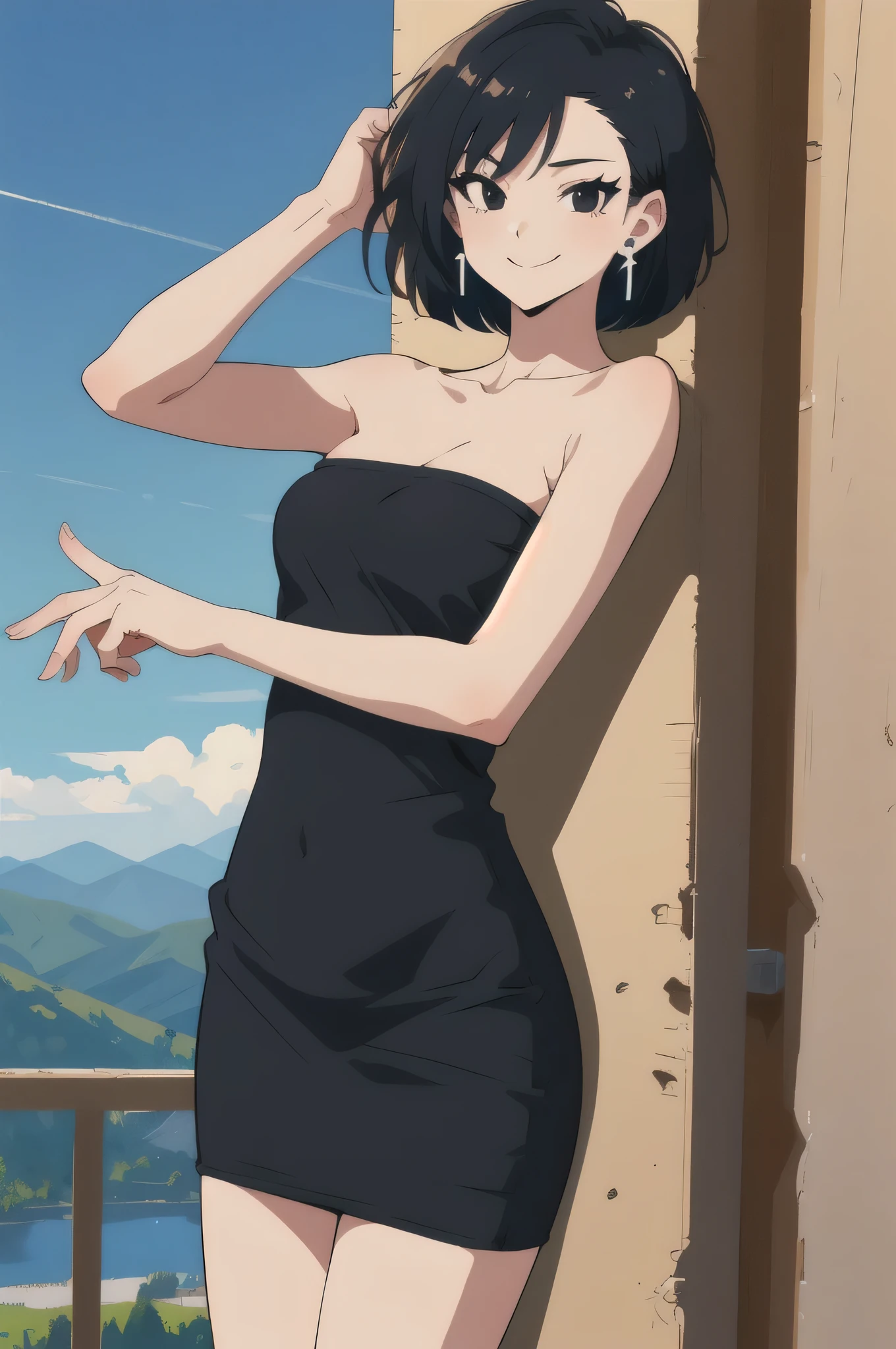 (masterpiece, best quality), 1girl, fasha, 1girl, solo, black eyes, black hair, short hair, spiked hair, earrings, black dress, strapless tube dress, bare shoulders, cowboy shot, green valley and mountains, blue skies, seductive smile