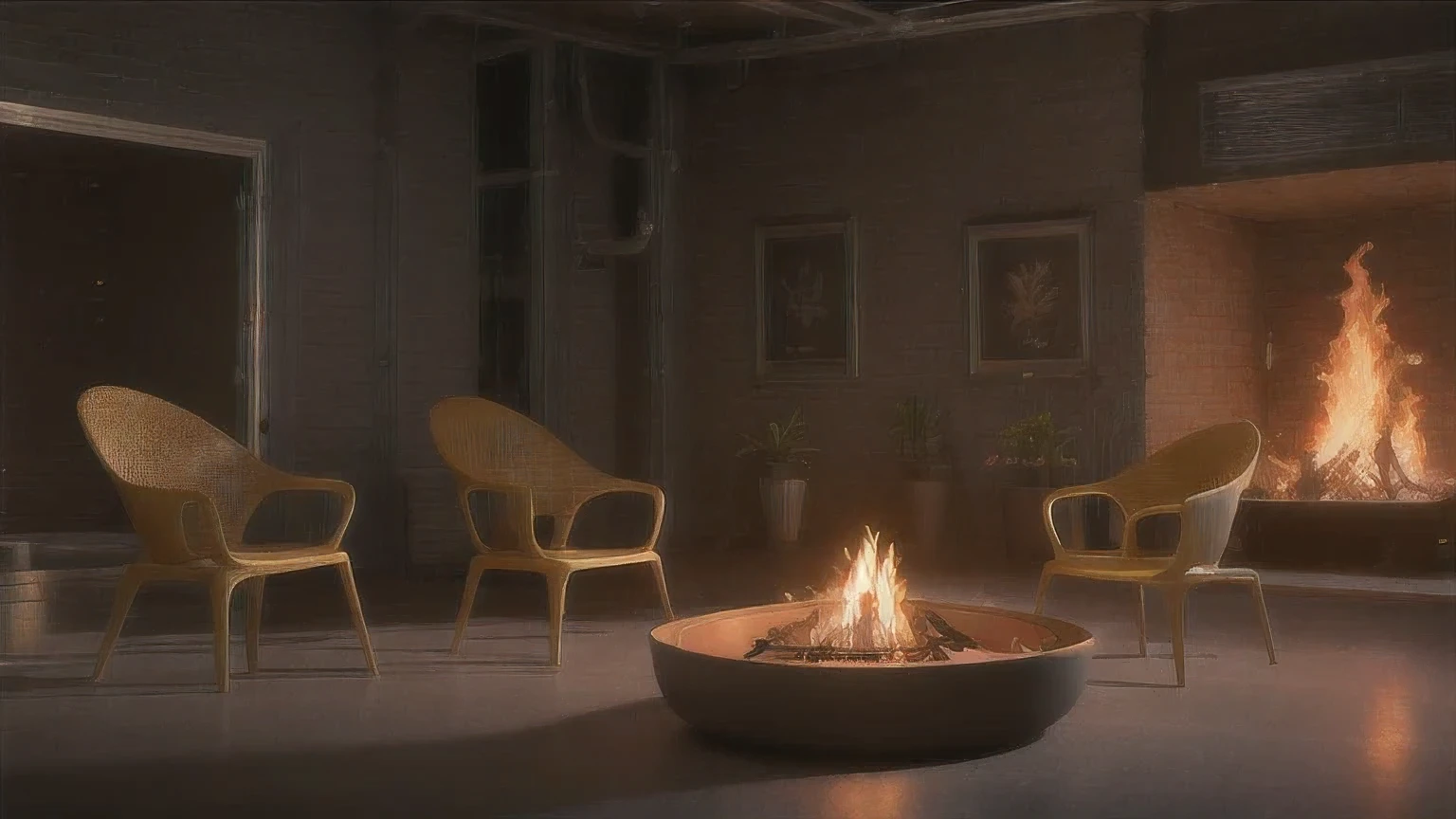 there are four chairs around a fire pit in a room, inspired by Mike Winkelmann, set in tokyo rooftop, rendered in unreal engine 4k hq, rendered in unreal engine 4 k hq, render unreal engine-h 704, render unreal engine - h 7 0 4, cyberpunk interior, fire, burning scene in the background, 8k vfx render, highly detailed vfx scene, hyperealistic octane render, hyper - realistic vfx render, unreal engine render concept art, unreal engine. film still, greg rutkowski. octane render, hyperrealistic vfx render, 8k octane unreal render, unreal engine 5 render dramatic, unreal octane render