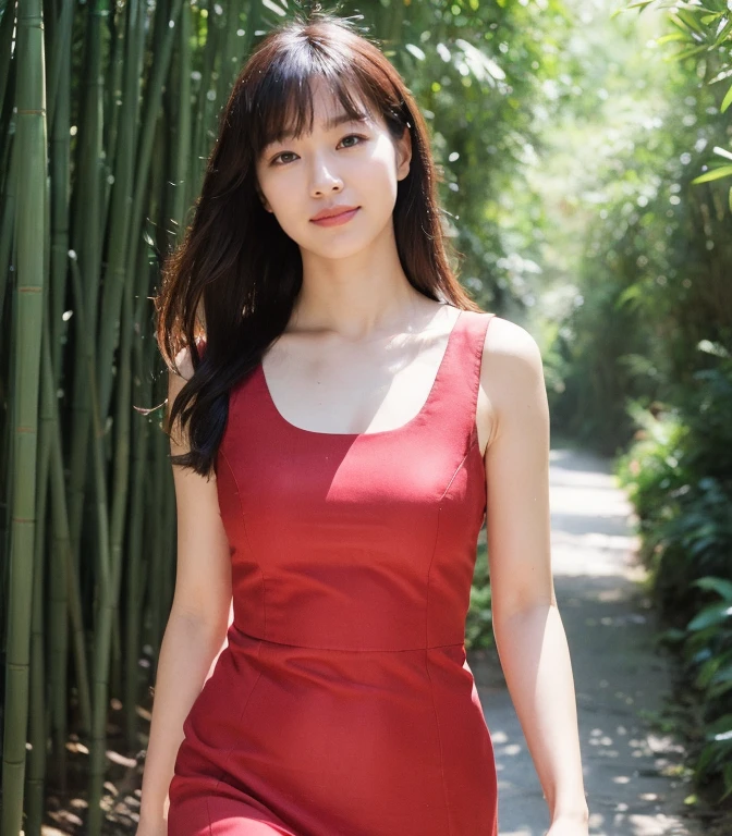 ((highest quality、8k、masterpiece:1.3))、Photorealistic, Sharp focus, high resolution, High resolution, Portraiture, alone, Japanese, Beautiful woman, 26 years old、Big Breasts、Crimson casual dress、Photograph the whole body、(Walking through a bamboo forest)、smile