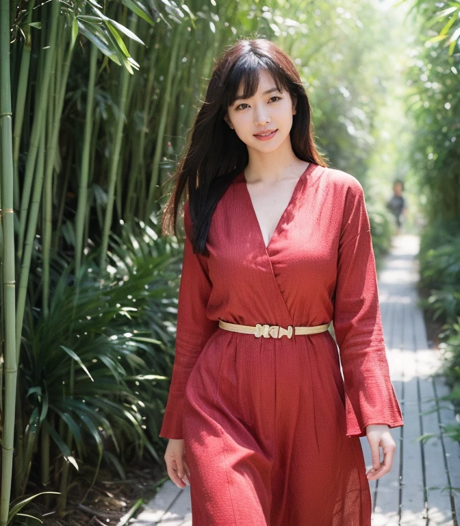 ((highest quality、8k、masterpiece:1.3))、Photorealistic, Sharp focus, high resolution, High resolution, Portraiture, alone, Japanese, Beautiful woman, 26 years old、Big Breasts、Crimson casual dress、Photograph the whole body、(Walking through a bamboo forest)、smile