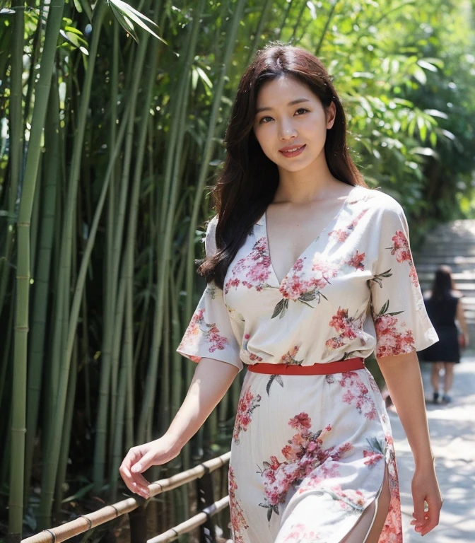 ((highest quality、8k、masterpiece:1.3))、Photorealistic, Sharp focus, high resolution, High resolution, Portraiture, alone, Japanese, Beautiful woman, 26 years old、Big Breasts、Crimson casual dress、Photograph the whole body、(Walking through a bamboo forest)、smile