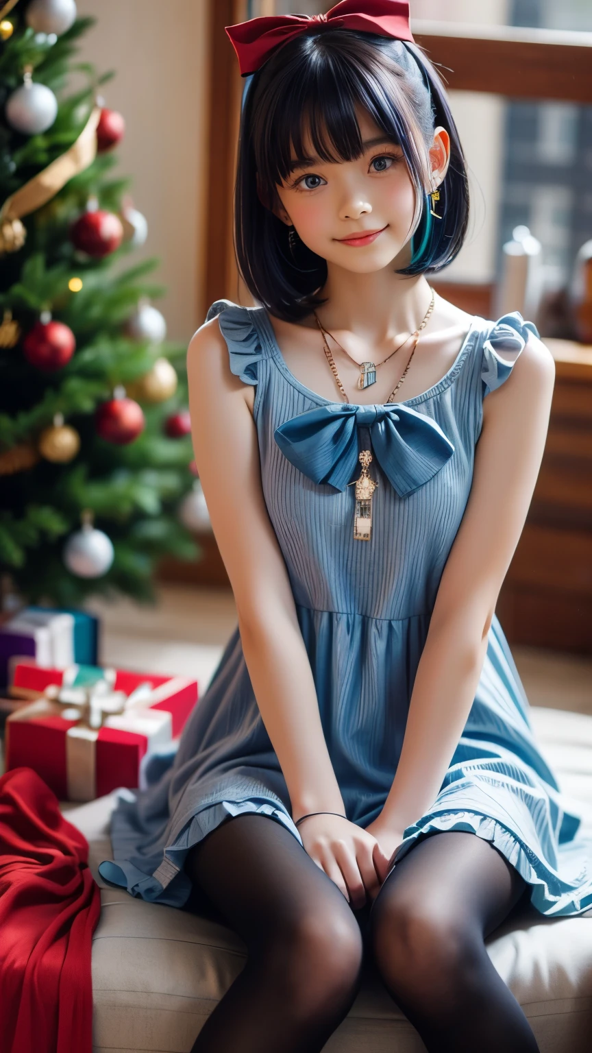 One girl, bangs, Blue Hair, bow, box, bracelet, Christmas, Christmas tree, Cowboy Shot, dress, Earrings, Fishnet tights, flower, gift, gift box, hair ornaments, Hamel, jewelry, View Viewer, Multicolored Hair, necklace, pantyhose, Lips parted, Purple eyes, red dress, ribbon, Rose, short hair, smile, alone, Knee socks