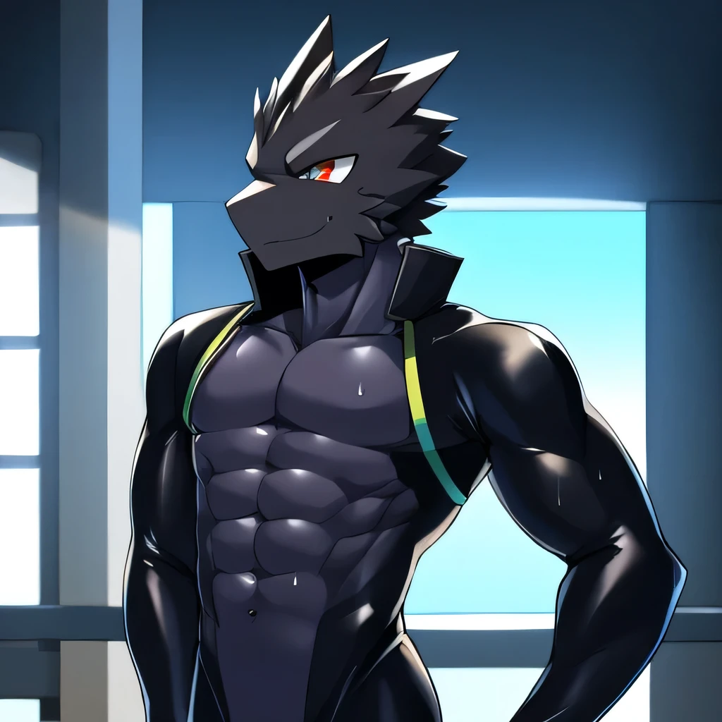 Thin macho　western black dragon　　abs　　　　　Hollow abs　　body suit　　thick arms　　　chest rig　　　、sweaty　　　skin glow　　profile　　Wearily　short of breath　　  　Chemo shota
jacket