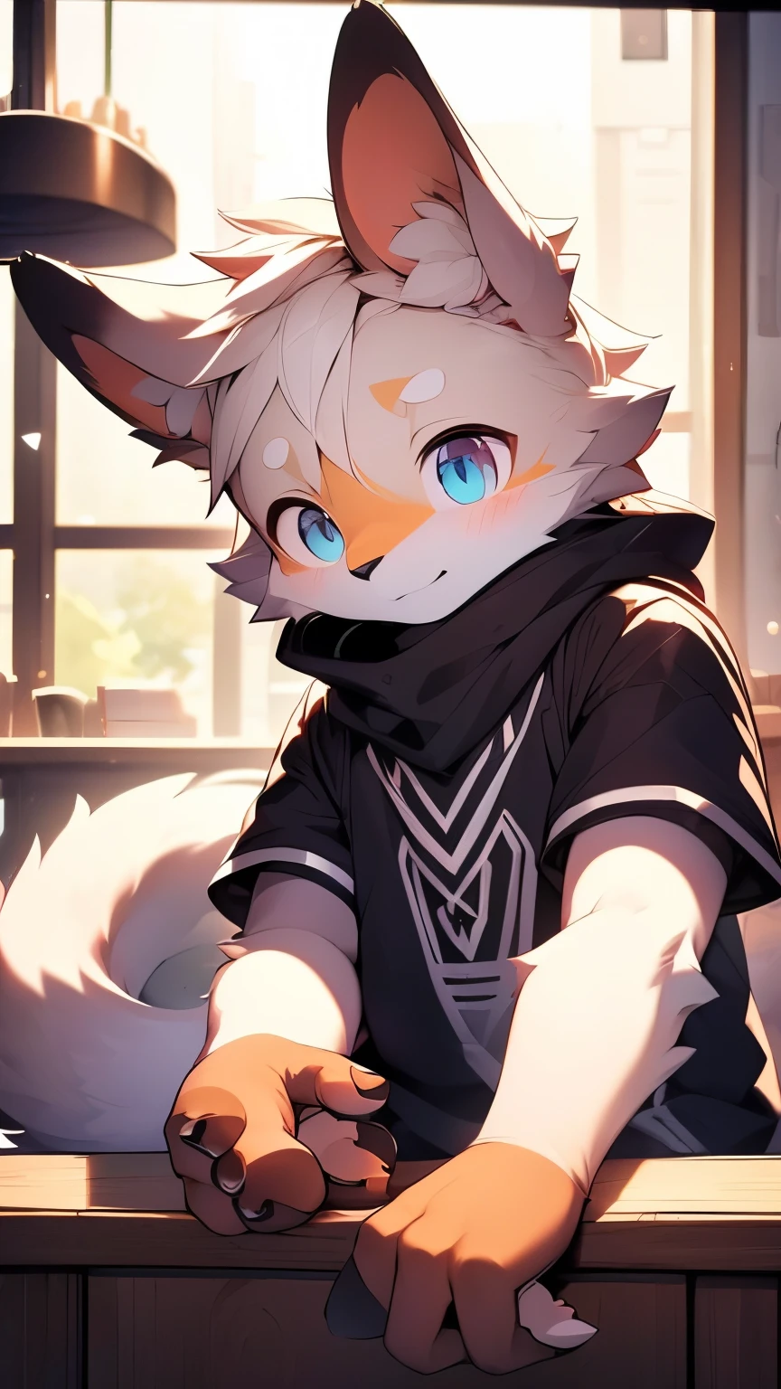 (Extreme details ，8k wallpaper, masterpiece, best quality), (Exquisite light and shadow, ),  , Star Eyes, , (Excellent details, Excellent lighting, ), (Excellent rendering,),(masterpiece),(best quality:1.0), (Ultra-high resolution:1.0), Detailed description, 8k, Japanese cartoons, masterpiece,  best quality,（（1 boy））, Male focus, Solitary，Energetic，hairy，Tiger Orc，Black and white stripes，Shota，（Golden Eyes），Delicate eyes，Look at you shyly，blush，（Shota），（cute），（（Pink gold pads）），indoor，（In thee cafe），Warm ambient color，（I lean against the wall and look at you），blush，（Wall Dong），Complex hair，Detailed background，（Hairy tail ears），Perfect body，8K，high quality，