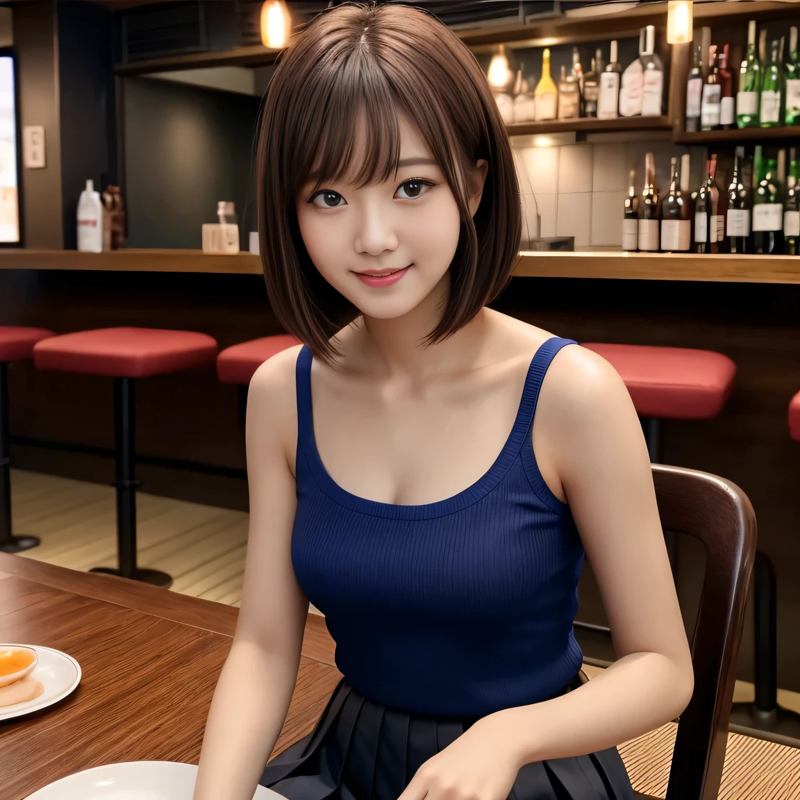 Product quality,photograph、 8k wallpaper、 One girl, Upper Body Shot, Front view, Young and beautiful woman in Japan, 、15 years old、bar、Tavern、Izakaya chair、Sitting with a smile, attractive、camisole、 Wearing a navy blue pleated mini skirt, Super cute face, Glossy lips, Double eyelids on both eyes, Natural Makeup, Long eyelashes, shiny smooth light brown 、Short Bob Hair, Asymmetrical bangs, Sunburned skin,  Center image, High resolution, High detail, Detailed hairstyle, Detailed face, Spectacular movie lighting, Octane Rendering, Vibrant, Ultra-realistic, Perfect limbs, Perfect Anatomy、