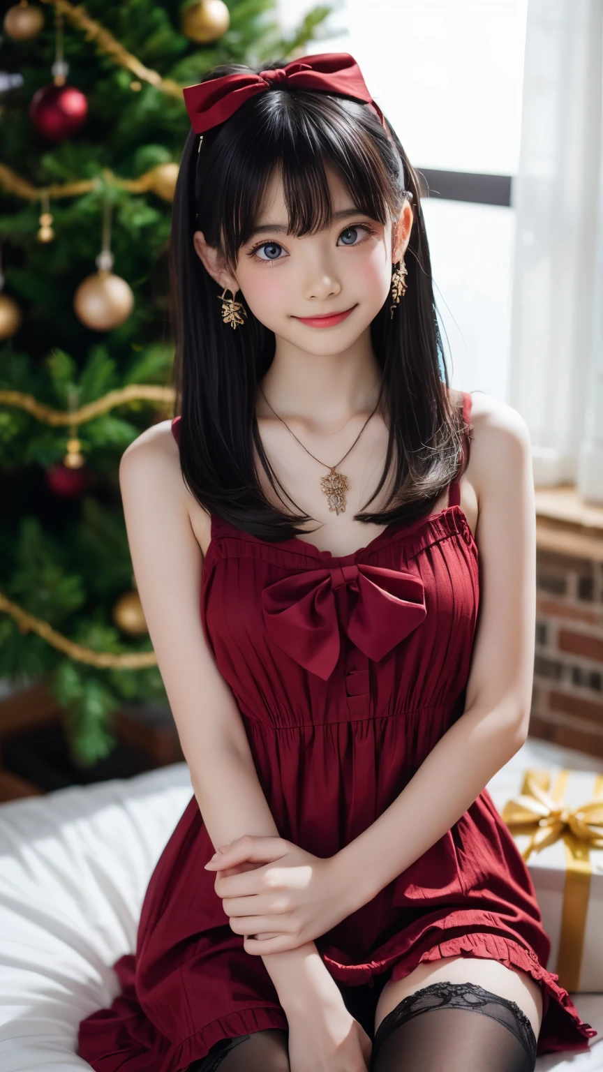One girl, bangs, Blue Hair, bow, box, bracelet, Christmas, Christmas tree, Cowboy Shot, dress, Earrings, Fishnet tights, flower, gift, gift box, hair ornaments, Hamel, jewelry, View Viewer, Multicolored Hair, necklace, pantyhose, Lips parted, Purple eyes, red dress, ribbon, Rose, short hair, smile, alone, Knee socks