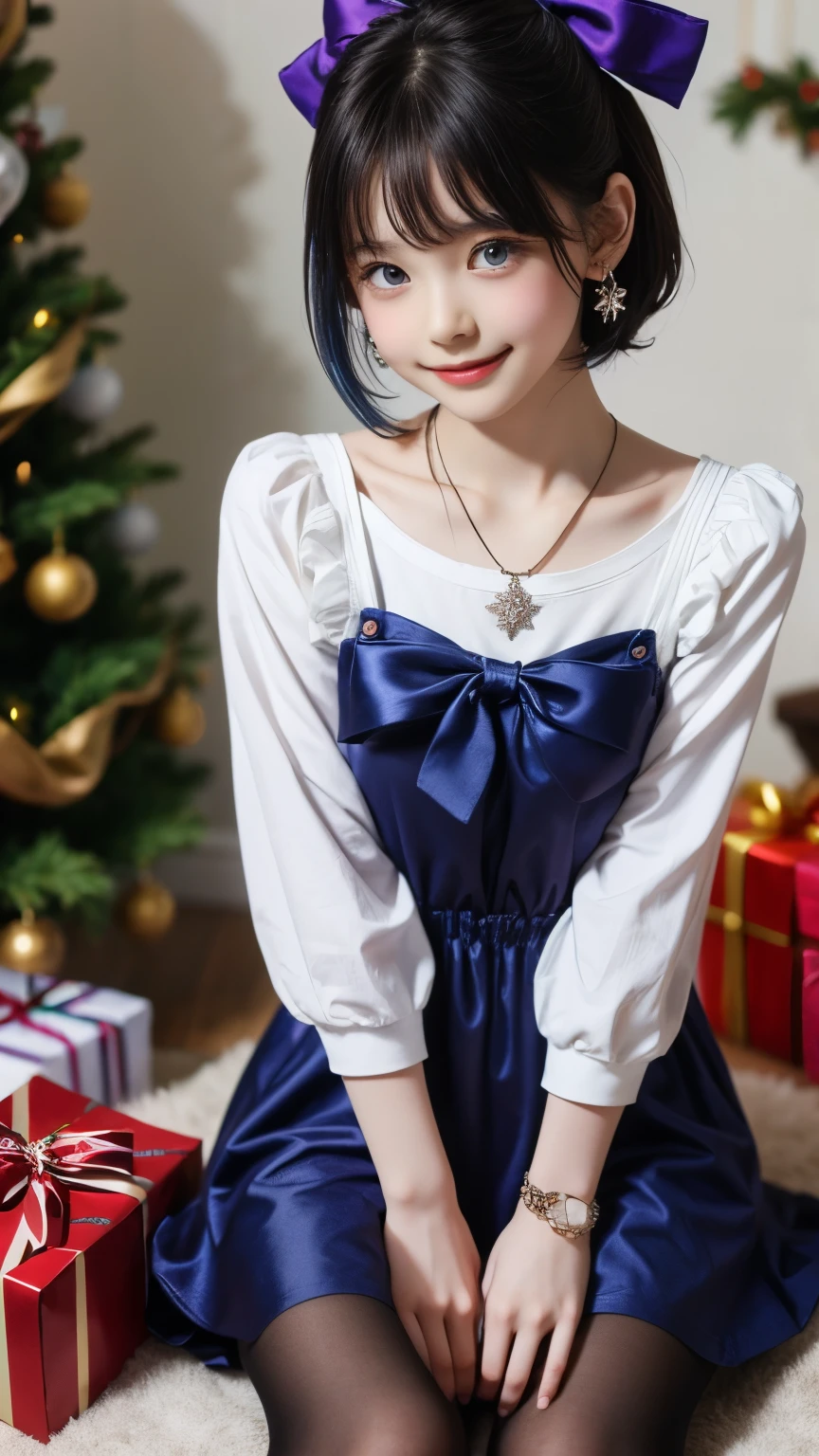 One girl, bangs, Blue Hair, bow, box, bracelet, Christmas, Christmas tree, Cowboy Shot, dress, Earrings, Fishnet tights, flower, gift, gift box, hair ornaments, Hamel, jewelry, View Viewer, Multicolored Hair, necklace, pantyhose, Lips parted, Purple eyes, red dress, ribbon, Rose, short hair, smile, alone, Knee socks