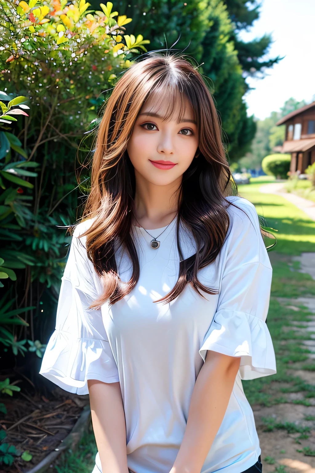 ((Full Body Angle))、((Front hair:1.3))、((highest quality, 8K, masterpiece: 1.3)), concentrated: 1.2, Cute girl 1,Nipples erect、 Perfect beauty: 1.4,Cut and sewn T-shirt Raglan sleeve summer short sleeve T-shirt.Shorts: 1.2,Long sleeve、Randall Color、comics&Text Graphics、Black ruffle-trimmed drawstring zip blouse,1.1, Highly detailed face and skin textures, Fine grain, double eyelid, whitening skin, ,highest quality,Ultra-high resolution,you,1 girl,alone,_Shiny_skin,Iris,necklace,((Brown_length_Wavy_hair)),(lips)),eyelash,Front hair,deal with,compensate,Shiny,pore,skin texture,Large Breasts、smiling face、stroll、garden、