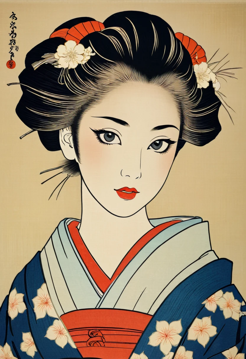 (Ukiyo-e:1.9)、woodblock print、Sharaku、A beautiful young woman wearing a traditional Japanese kimono for the first time、Intricate kimono patterns、Delicate facial features、Elegant hairstyle、Fine eyes and lips、Calm expression、Close-up portrait of face、Natural lighting、High resolution、Detailed picture、Bright colors、Realistic、masterpiece