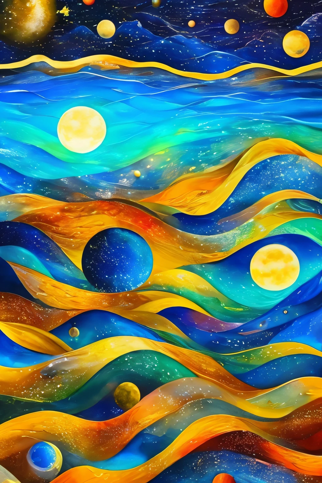 best quality, super fine, 16k, masterpiece, RAW photo, photorealistic, A three-dimensional depiction of undulating oil paintings, fusion of watercolors and oil paintings, combination of monochrome and color, the ocean and the galaxy universe in the big full moon during the day, outstanding image effects, wonderful work of art