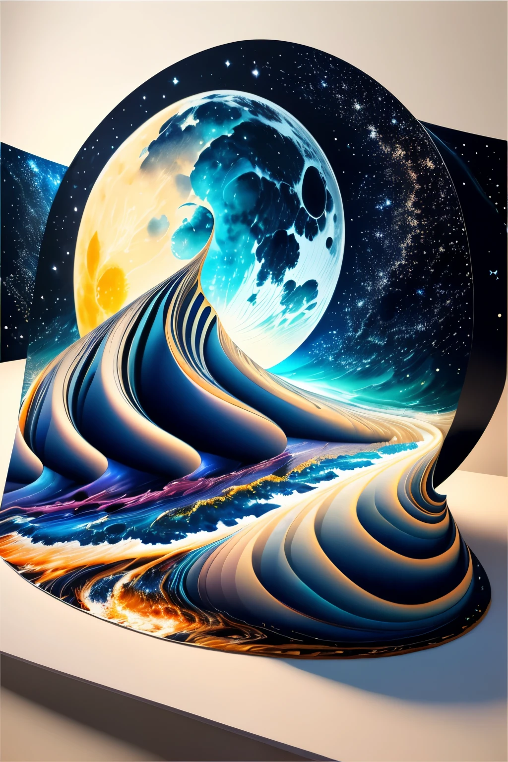 best quality, super fine, 16k, masterpiece, RAW photo, photorealistic, A three-dimensional depiction of undulating oil paintings, fusion of watercolors and oil paintings, combination of monochrome and color, the ocean and the galaxy universe in the big full moon during the day, outstanding image effects, wonderful work of art