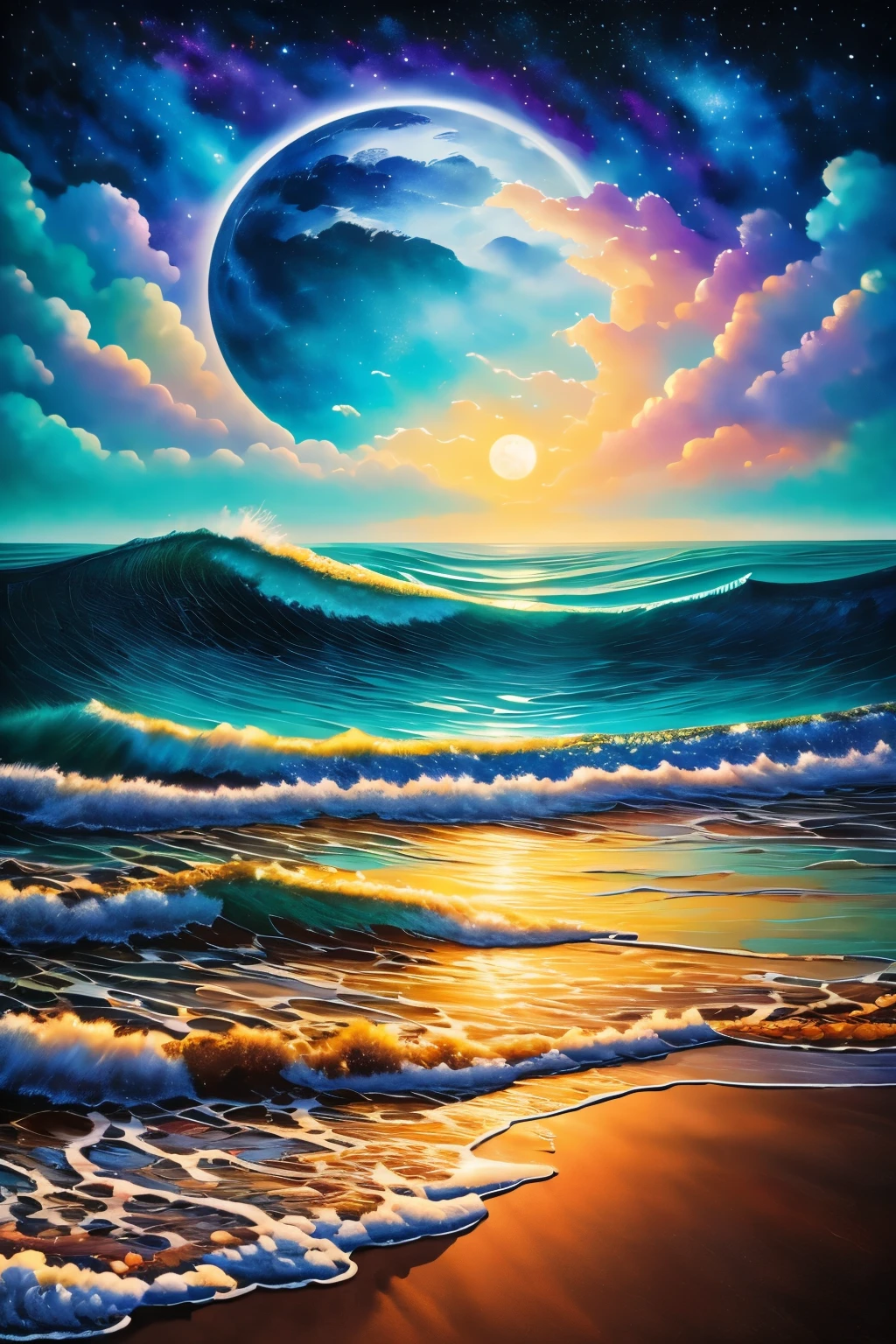 best quality, super fine, 16k, masterpiece, RAW photo, photorealistic, A three-dimensional depiction of undulating oil paintings, fusion of watercolors and oil paintings, combination of monochrome and color, the ocean and the galaxy universe in the big full moon during the day, outstanding image effects, wonderful work of art