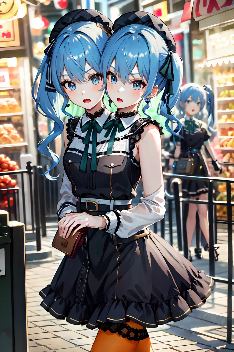 (masterpiece, best quality), best resolution, 16k, (2heads:1.5), close-up, 1girl, solo, HoshimachiSuisei, side ponytail, blue hair ribbon, SuiseiStreet, long hair, half updo, black beret, black dress, collared dress, sleeveless, bow earrings, lace choker, neck ribbon, black belt, orange pantyhose, o-ring thigh strap, single garter strap, (cheek-to-cheek), ((hand holding a wallet)), ((eyes-look-left)), ((eyes-look-right)), surprised, frustrating, walking, open mouth, city, Shopping Street, street vendor, morning