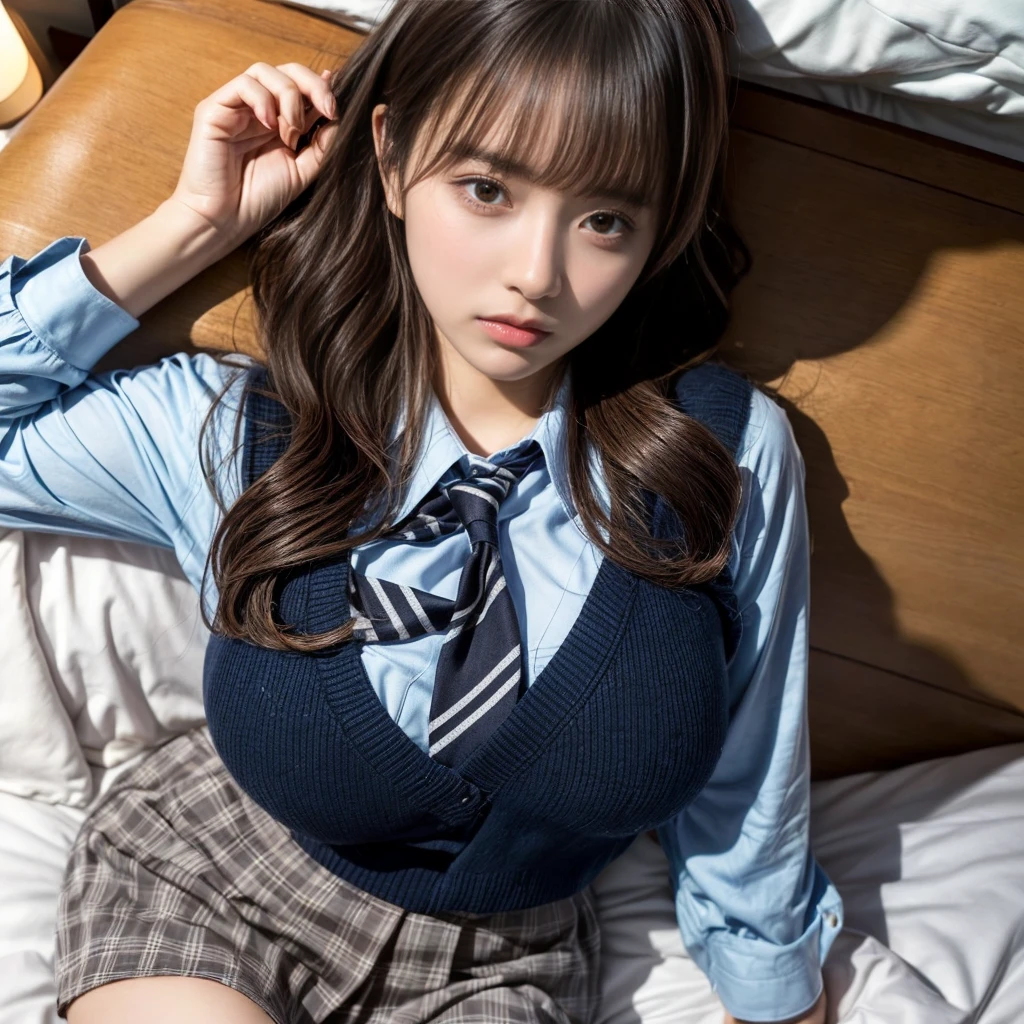 (8K, Raw photography, top-quality, masterpiece:1.2), muster piece, best quality, illustration, Super detailed, fine details, High resolution, 8K,wall paper, perfect dynamic composition,(Details High quality, realistic depiction of eyes:1.3), ((2 girls, 2 schoolgirls)), The background is a luxury hotel room、High school girl uniform、blazer 、Super Short Check Uniform Skirt、Navy blue high socks、garterbelts、Colossal tits、Disturbed uniform, Play with each other,Touching each other's bodies,Touching the body of the girl next door, short bob hair, black hair color, huge breasts, Big Natural Color Lip, bold sexy pose, (perfect body shape), crying a little、cold gaze, Harajuku style、Beautiful makeup,glitter makeup,Cutest 18 years old、 beautiful legs, hposing Gravure Idol, Voluptuous thighs