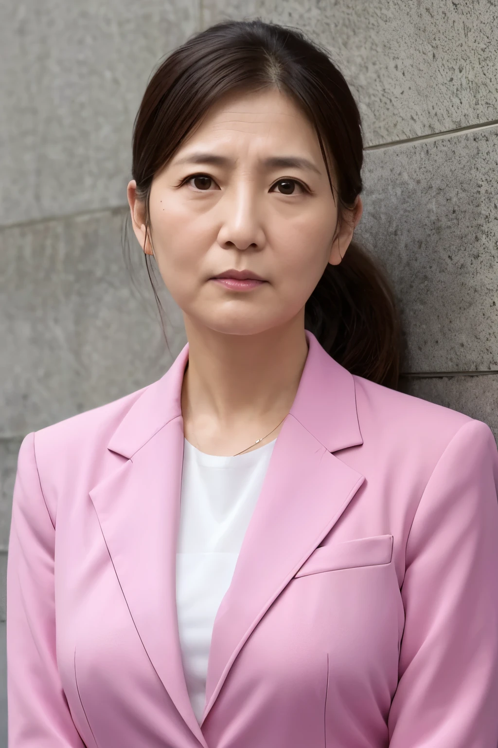 politician、40-year-old woman、Front of face、ID photo、Pink Suit、Expressionless、Low Ponytail、Like a grandma