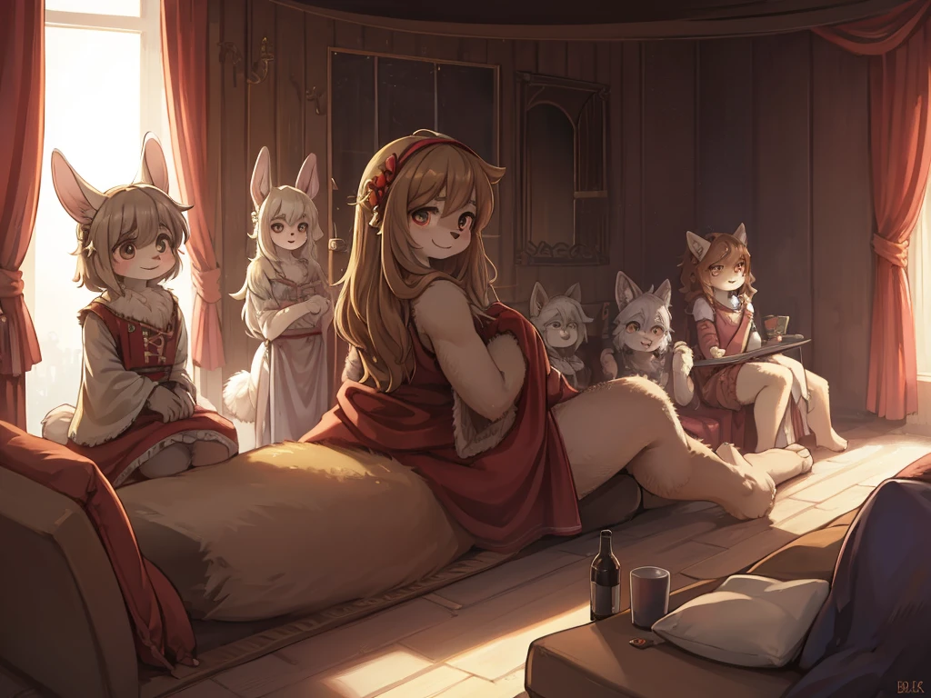 Hallucination, daydream , female rabbit , (realistic hairy fur) , in the theater dressing room , artistic pose , (Covering one's private parts with a large fabric) , round face , moist round eyes , Swollen cheeks , hair ties , big smile , front view , top view , back view , side view , from above , from below , sit , standing , lying down , lying back , squad , jump