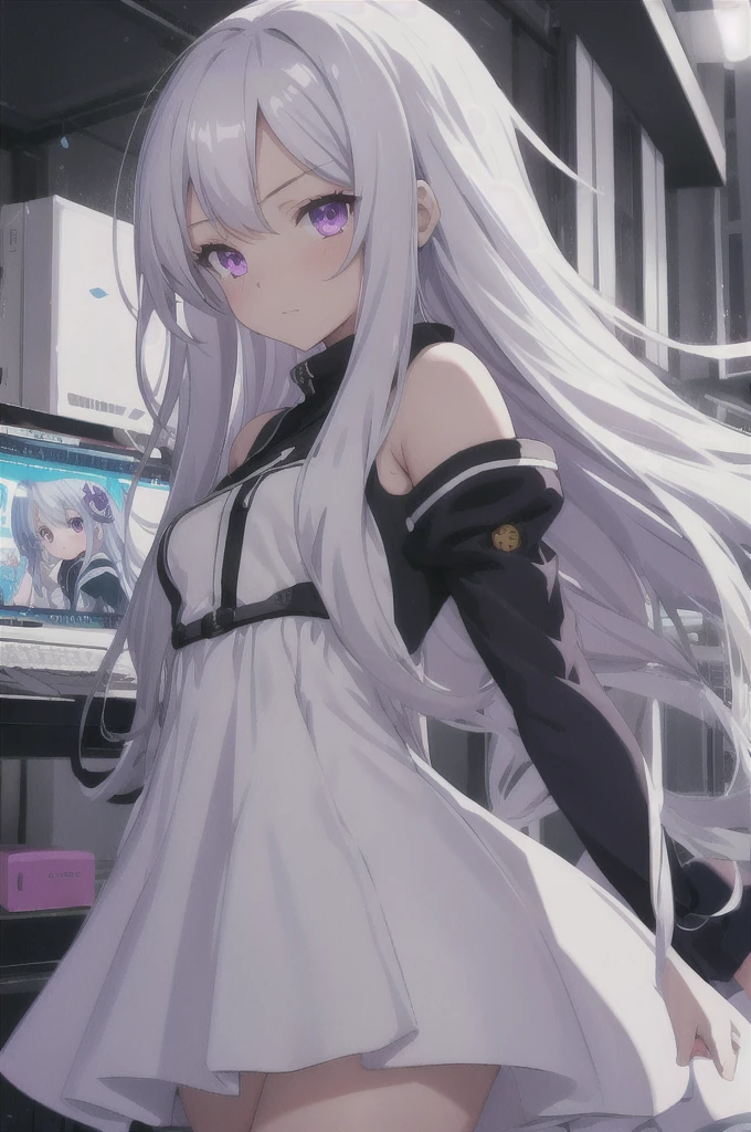 One girl, Long Hair, computer_Chan,  Little:1.5, one piece, White Dress,  Silver Hair,  Purple eyes, Dark Skin, White Background,  (whole body:1.2),  (Mischievous:1.2),