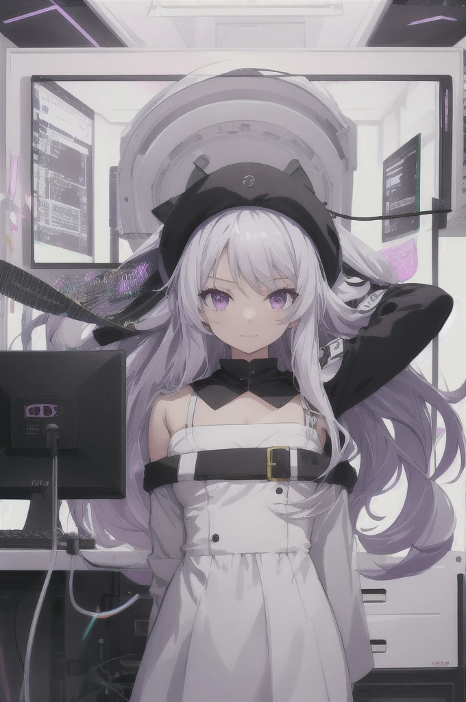 One girl, Long Hair, computer_Chan,  Little:1.5, one piece, White Dress,  Silver Hair,  Purple eyes, Dark Skin, White Background,  (whole body:1.2),  (Mischievous:1.2),