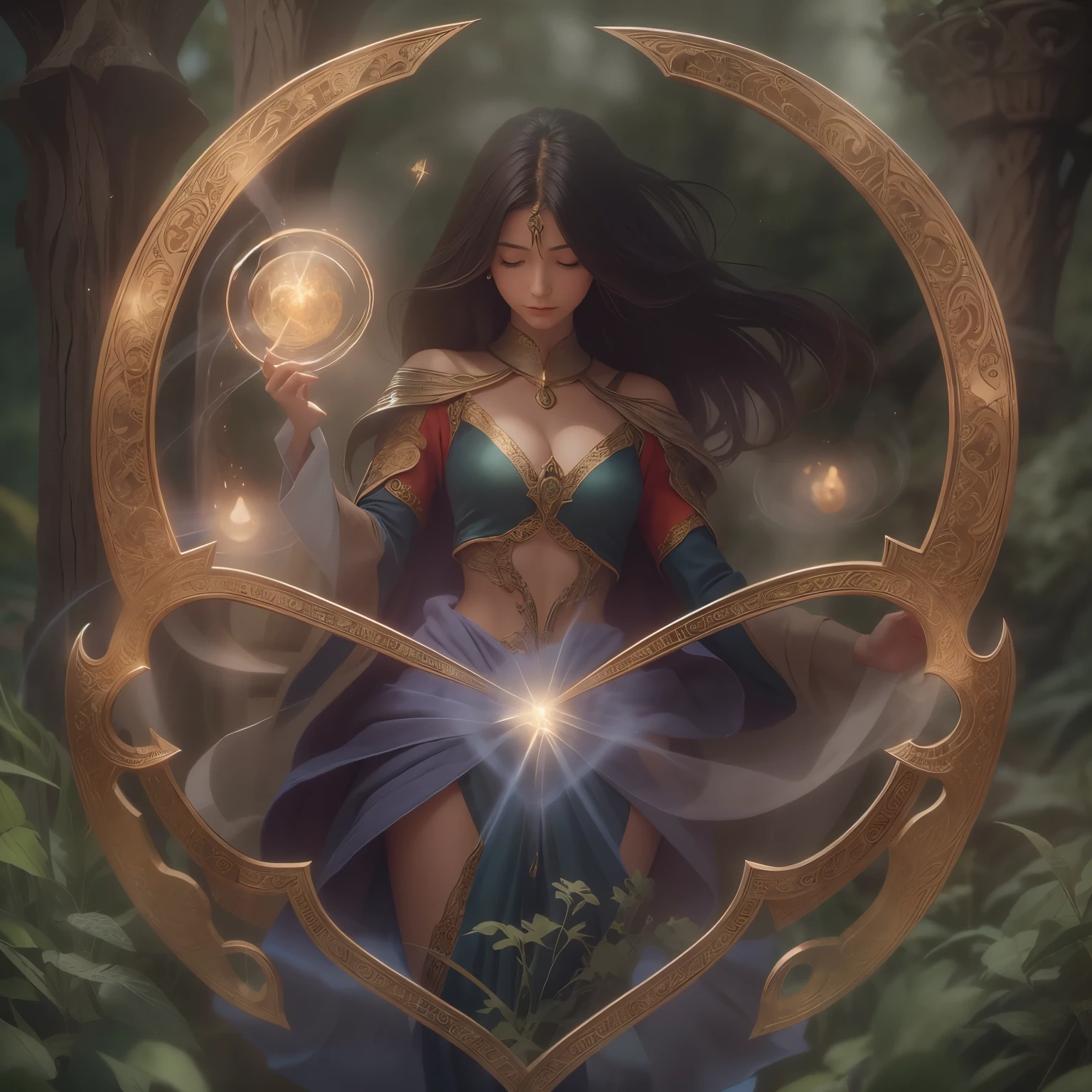 A powerful spell that creates a magical protective barrier., A woman who uses green magic to summon a magical shield is perfect for a fantasy world..
