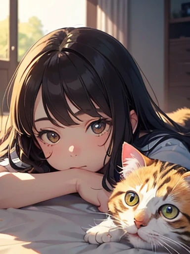 masterpiece, 最high quality, (((Girl lying face down)))、((Cat lying on head))、, Beautiful fine details, Beautiful detailed cat,, Very fine fur, Soft and fluffy, Adorable, Playful, Curious look, Long Hair Girl, Girl looking up at cat, Intricate details, high quality, 8k, Realistic, masterpiece, Natural light, Warm tones