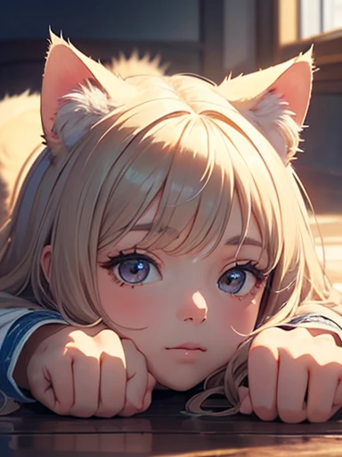 masterpiece, 最high quality, (((Girl lying face down)))、((Cat lying on head))、, Beautiful fine details, Beautiful detailed cat,, Very fine fur, Soft and fluffy, Adorable, Playful, Curious look, Long Hair Girl, Girl looking up at cat, Intricate details, high quality, 8k, Realistic, masterpiece, Natural light, Warm tones