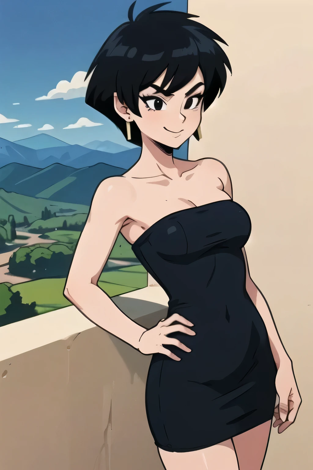 (masterpiece, best quality), 1girl, fasha, 1girl, solo, black eyes, black hair, short hair, spiked hair, earrings, black dress, strapless tube dress, bare shoulders, cowboy shot, green valley and mountains, blue skies, seductive smile
