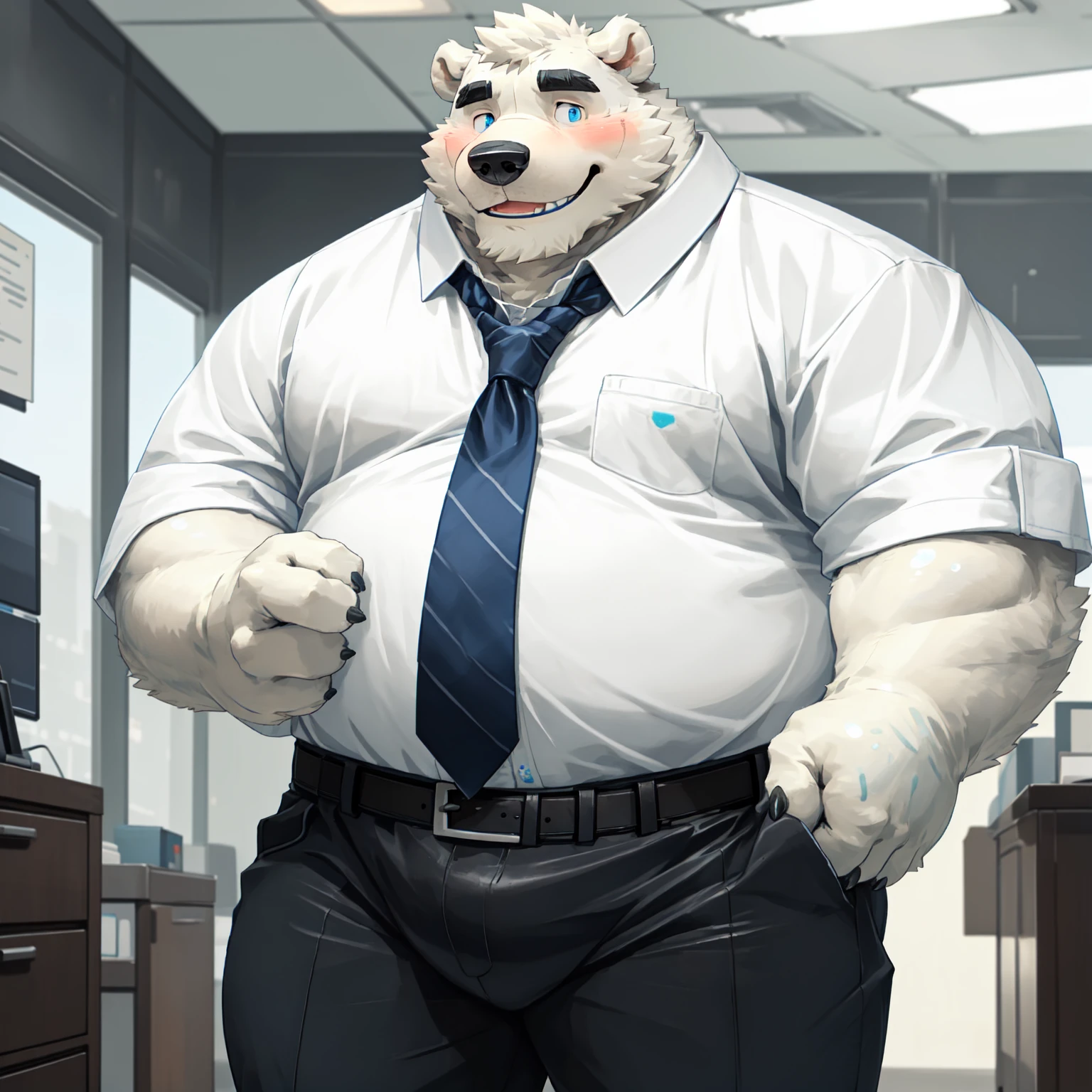 New Jersey 5 Furry，polar bear，Solitary，Chubby，Fat，Thick arms，Rugged muscles，(White plush fur)，Chubby脸，Black eyebrows，Sky blue eyes，（Beard），(White shirt，tie，Belt Pants)，office，high quality,4K,artwork,Very detailed,real，(oily)，blush，Smile