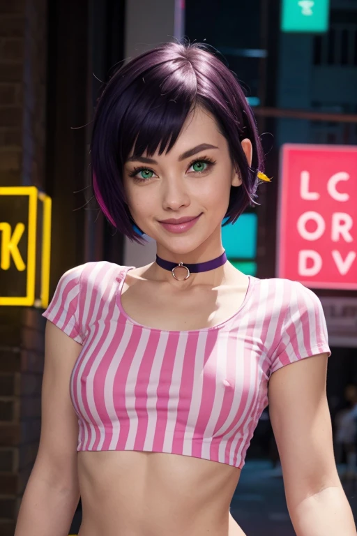 bombchu lady, short purple hair, green eyes, pink striped shirt, looking at viewer, big smile, upper body view, neon lighting, high quality, masterpiece, small breasts, choker