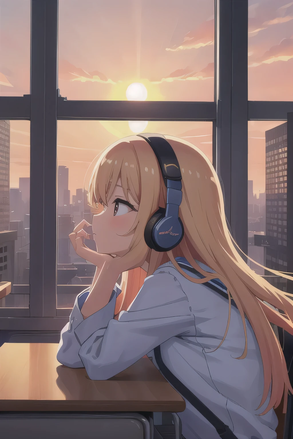 masterpiece, highest quality,From the side,School,sunset, city, building, classroom,window,Chair,Headrest,I have headphones on、Healed、Going home from school、Looking at the cityscape illuminated by the setting sun