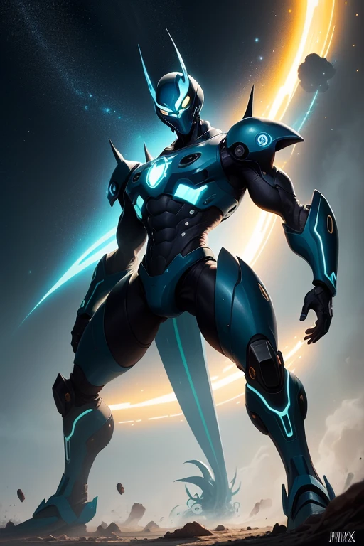 Crie a imagem inspirado no desenho Ben 10; •A giant alien; •With an electrical or technological theme; •Give design and name ideas; •And he is the 15th of the Upertrix; •And the Upertrix symbol is located in the middle of the chest. •Create full body Alien; •The main colors are: Preto, Branco e Azul claro e escuro. Crie a imagem com estes itens.